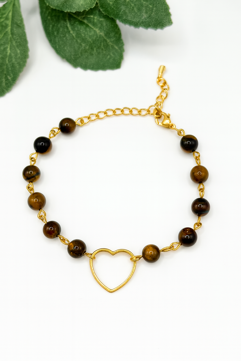 Bracelet Œil de Tigre Naturel – Bijou Lithothérapie Cœur & Acier Doré Hypoallergénique