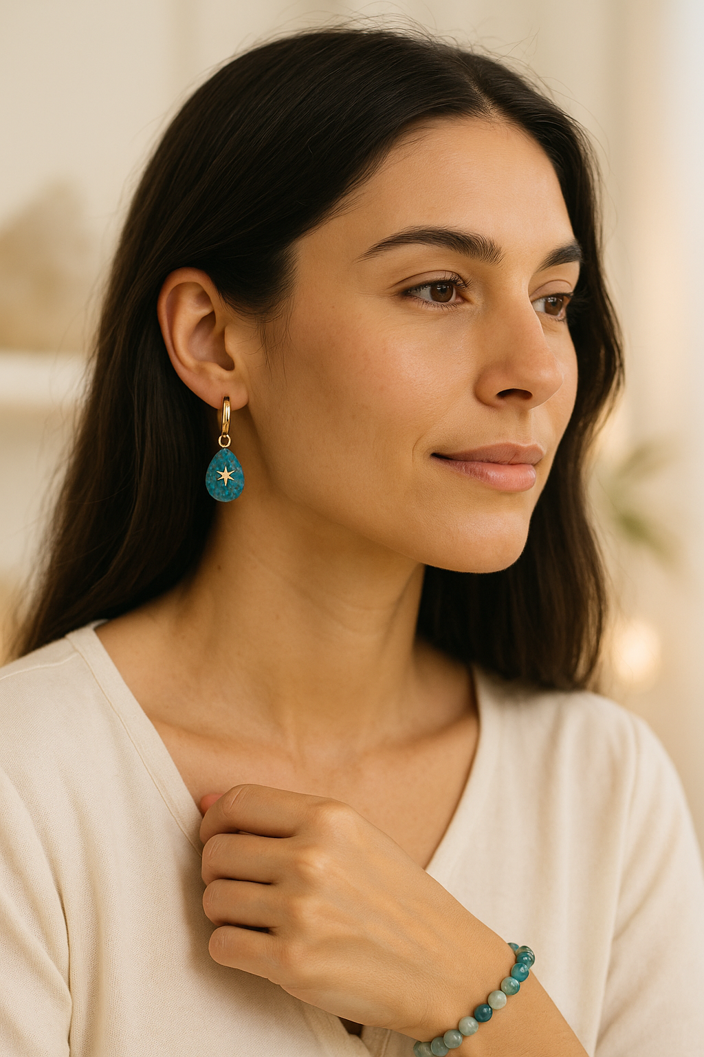 Boucles d’Oreilles Turquoise & Acier Doré – Élégance Bohème & Énergie Positive