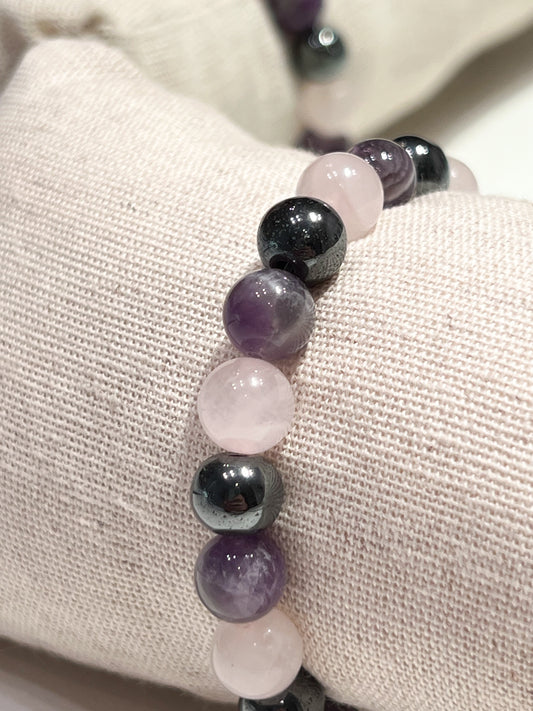 🌸 Bracelet Apaisant – Quartz Rose, Améthyste & Hématite pour l’Équilibre Intérieur