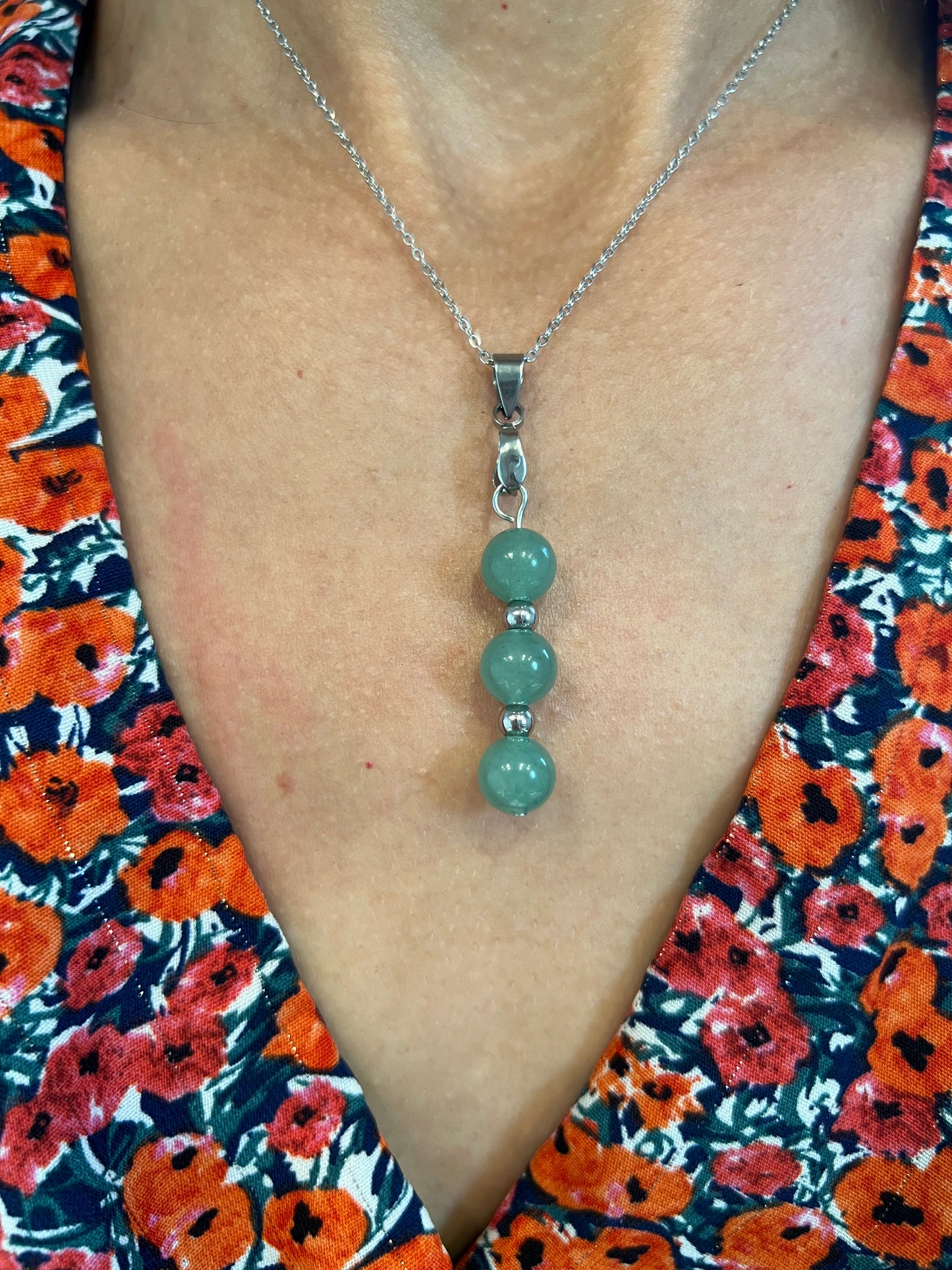 Collier Aventurine Naturelle et Acier Inoxydable Argenté - Style Raffiné