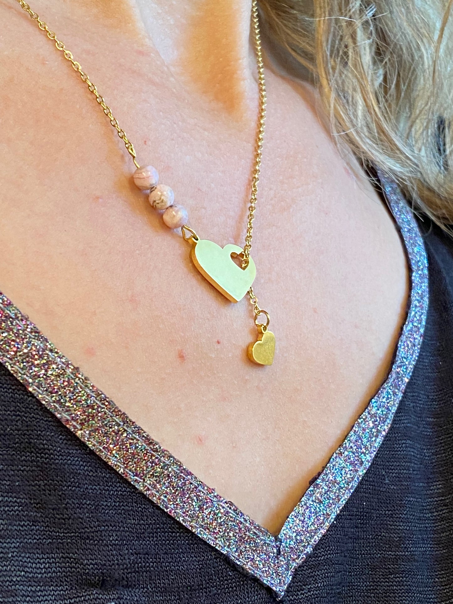 Collier coeur en acier inoxydable avec rhodochrosite