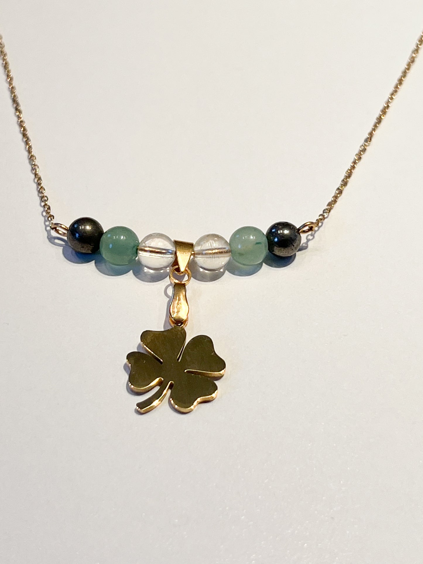 Collier Porte-Bonheur en Aventurine, Citrine, Pyrite et Acier Inoxydable doré