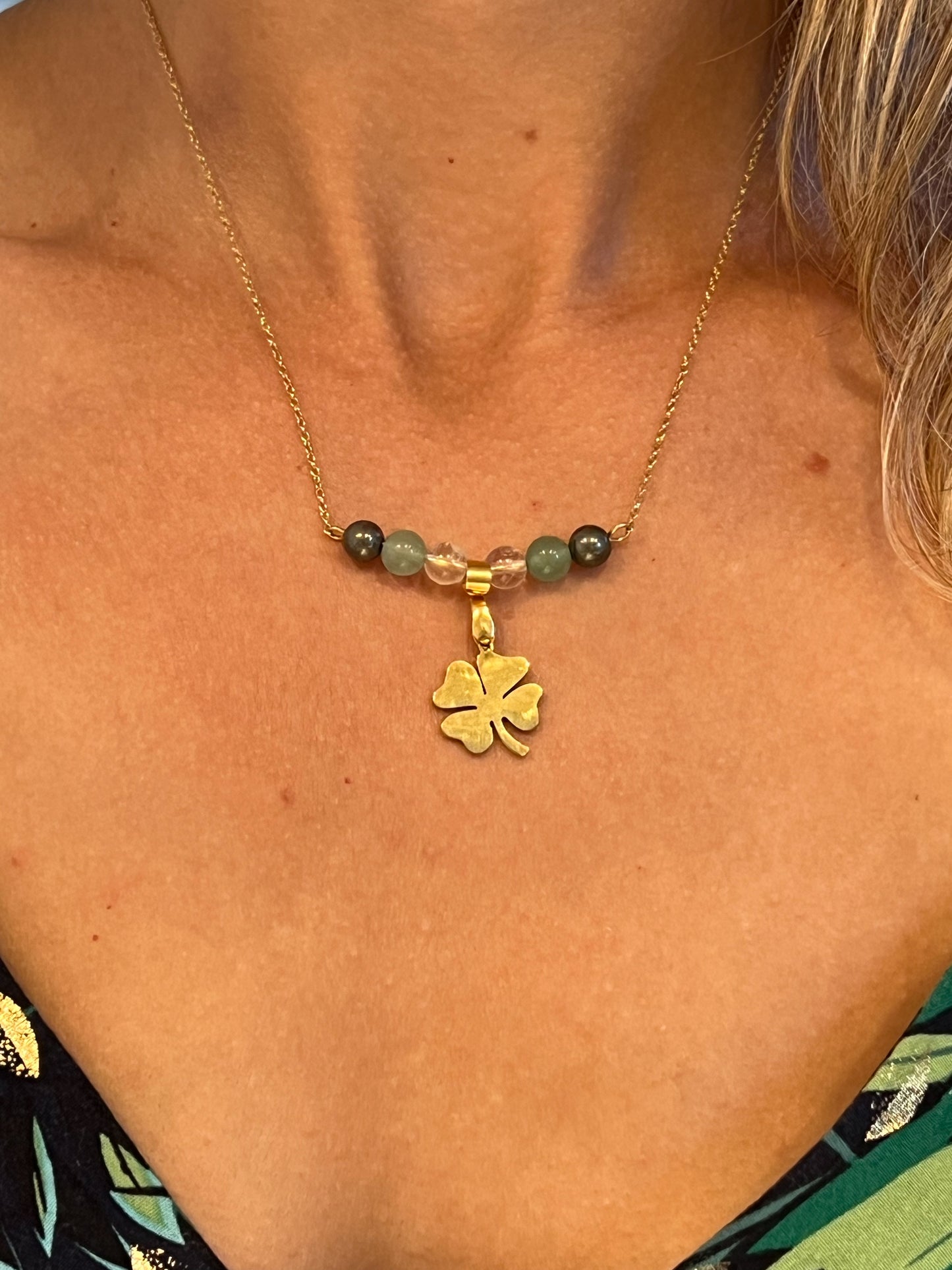 Collier Porte-Bonheur en Aventurine, Citrine, Pyrite et Acier Inoxydable doré