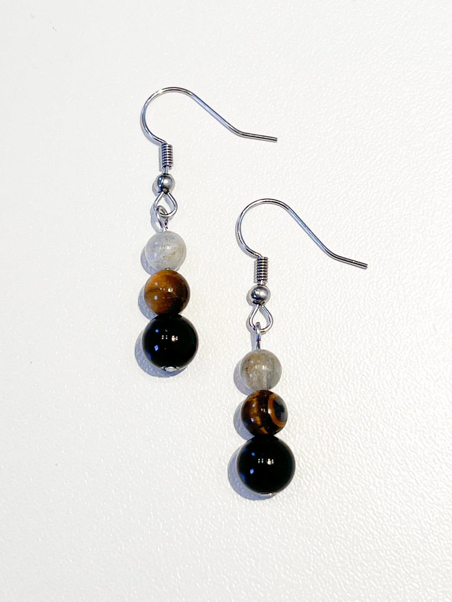 Boucles d'Oreilles Protection en Obsidienne Noire, Œil de Tigre et Labradorite – Acier Inoxydable