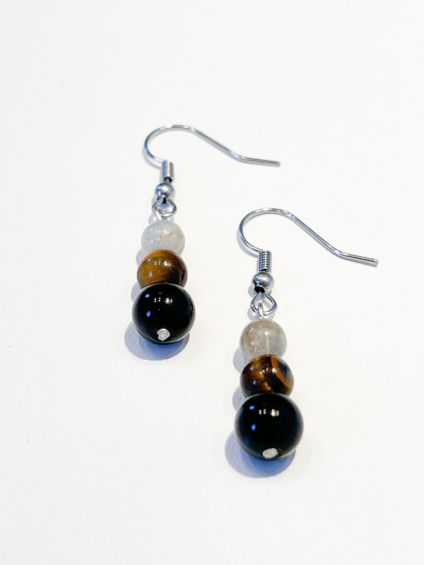 Boucles d'Oreilles Protection en Obsidienne Noire, Œil de Tigre et Labradorite – Acier Inoxydable