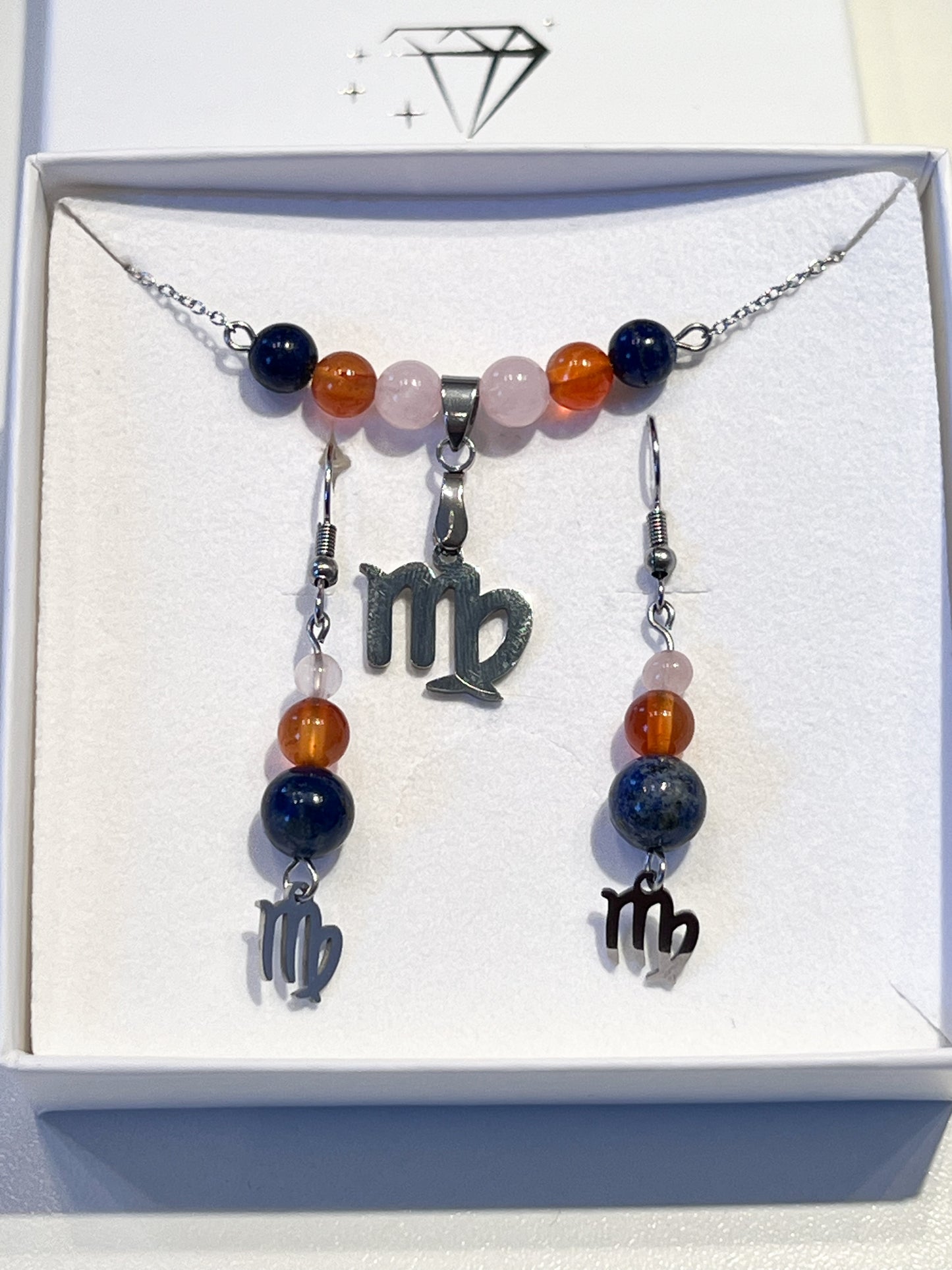 Parure Astrologique Vierge en Acier Inoxydable avec Quartz Rose, Cornaline et Lapis Lazuli