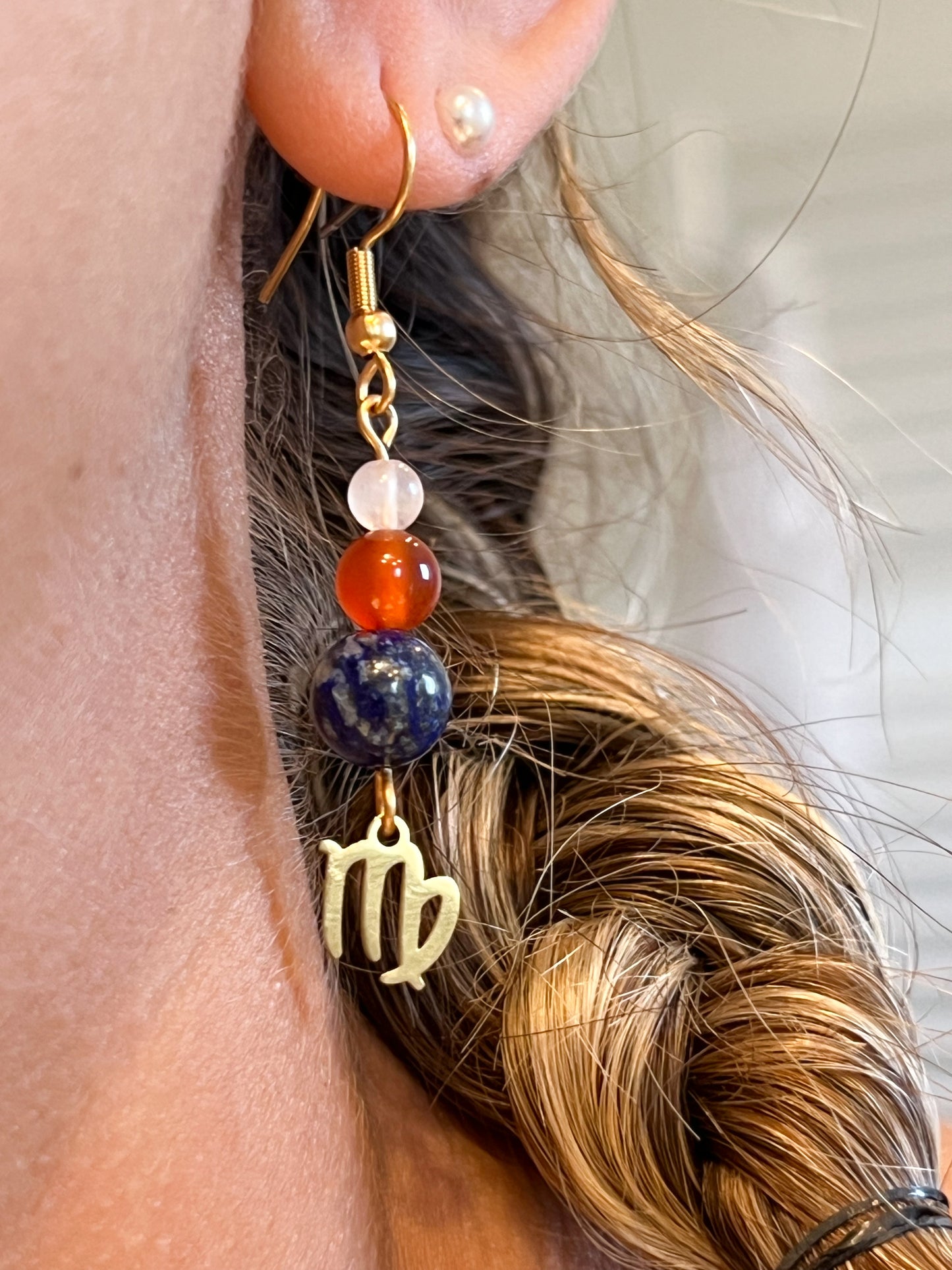 Parure bijoux astrologique Vierges en acier inoxydable avec Quartz rose , Cornaline et Lapis Lazuli