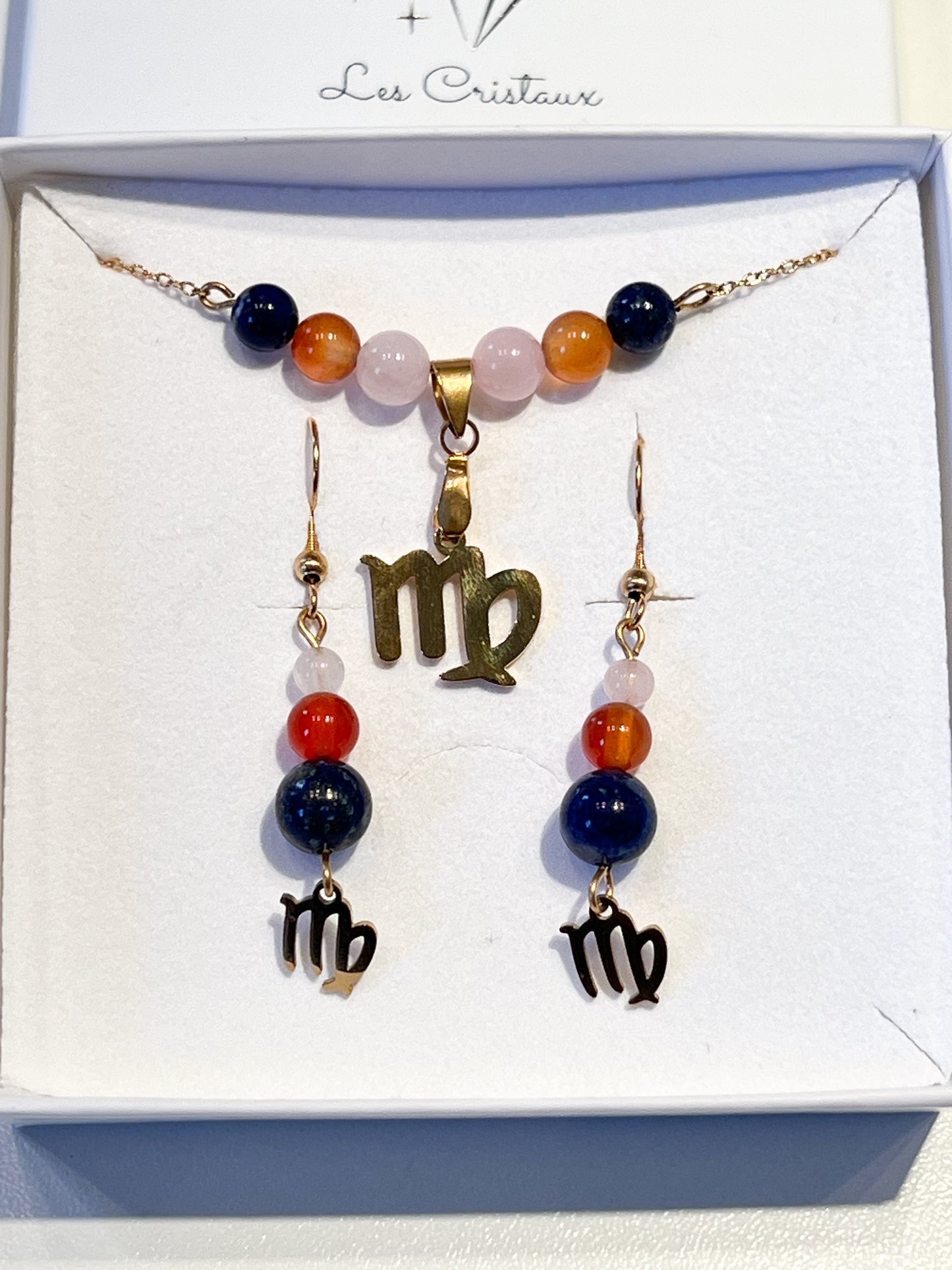 Parure bijoux astrologique Vierges en acier inoxydable avec Quartz rose , Cornaline et Lapis Lazuli