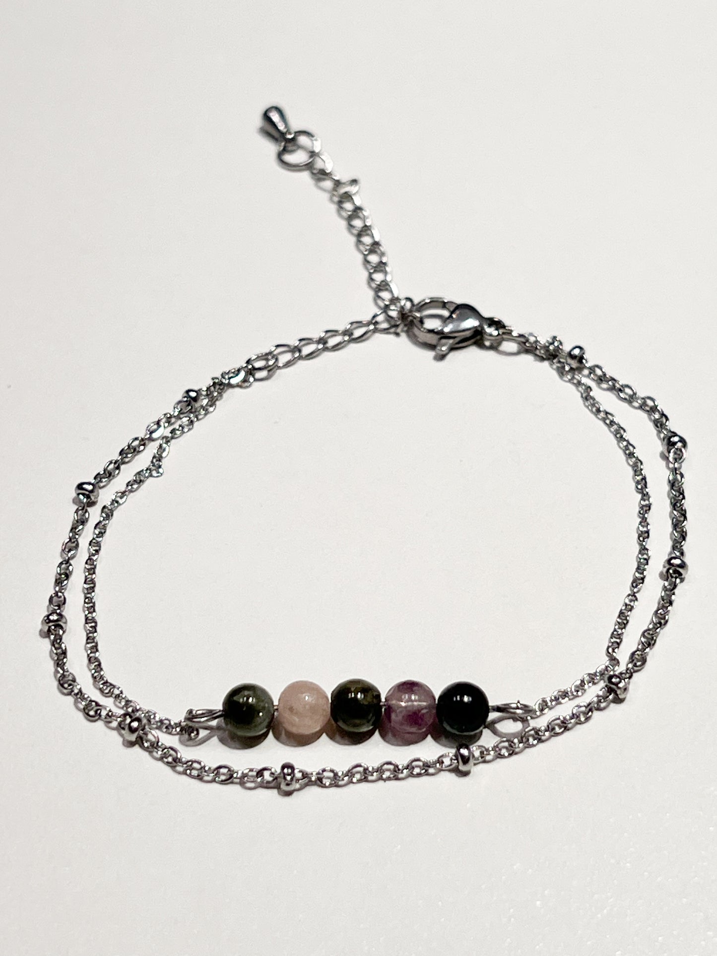 Bracelet Double Rangs en Tourmaline et Acier Inoxydable Argenté – Harmonie et Style
