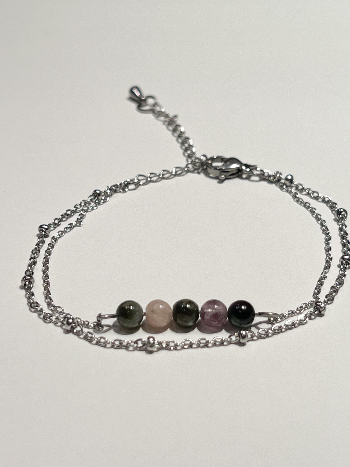 Bracelet Double Rangs en Tourmaline et Acier Inoxydable Argenté – Harmonie et Style