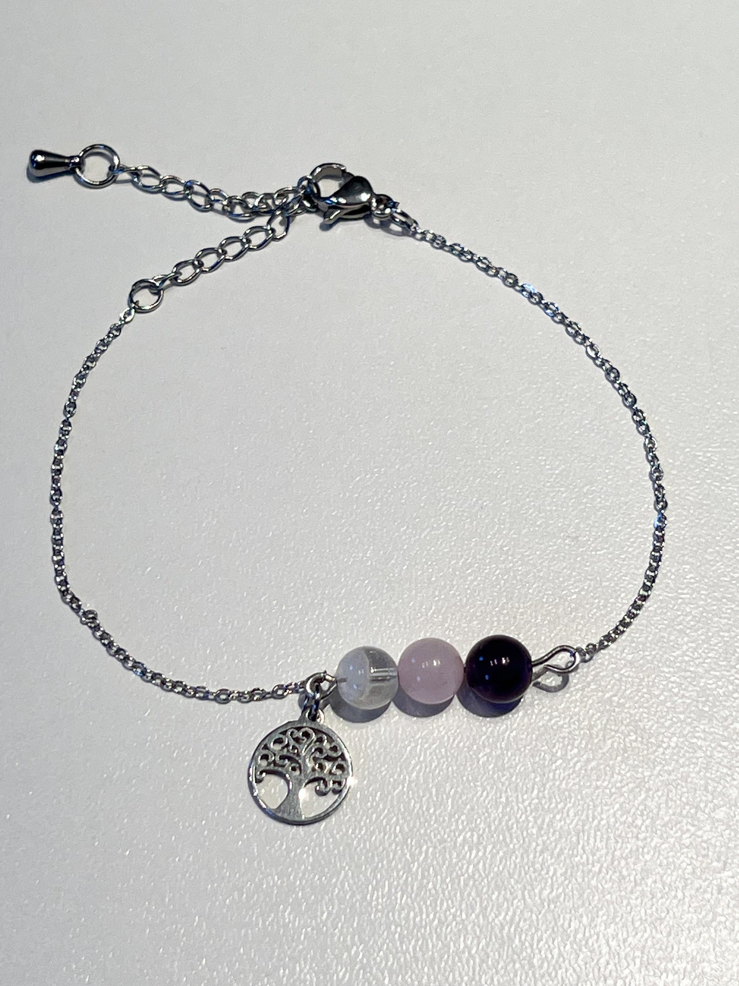 Bracelet bien-être en cristal de roche, quartz rose et améthyste avec breloque Arbre de vie en acier inoxydable