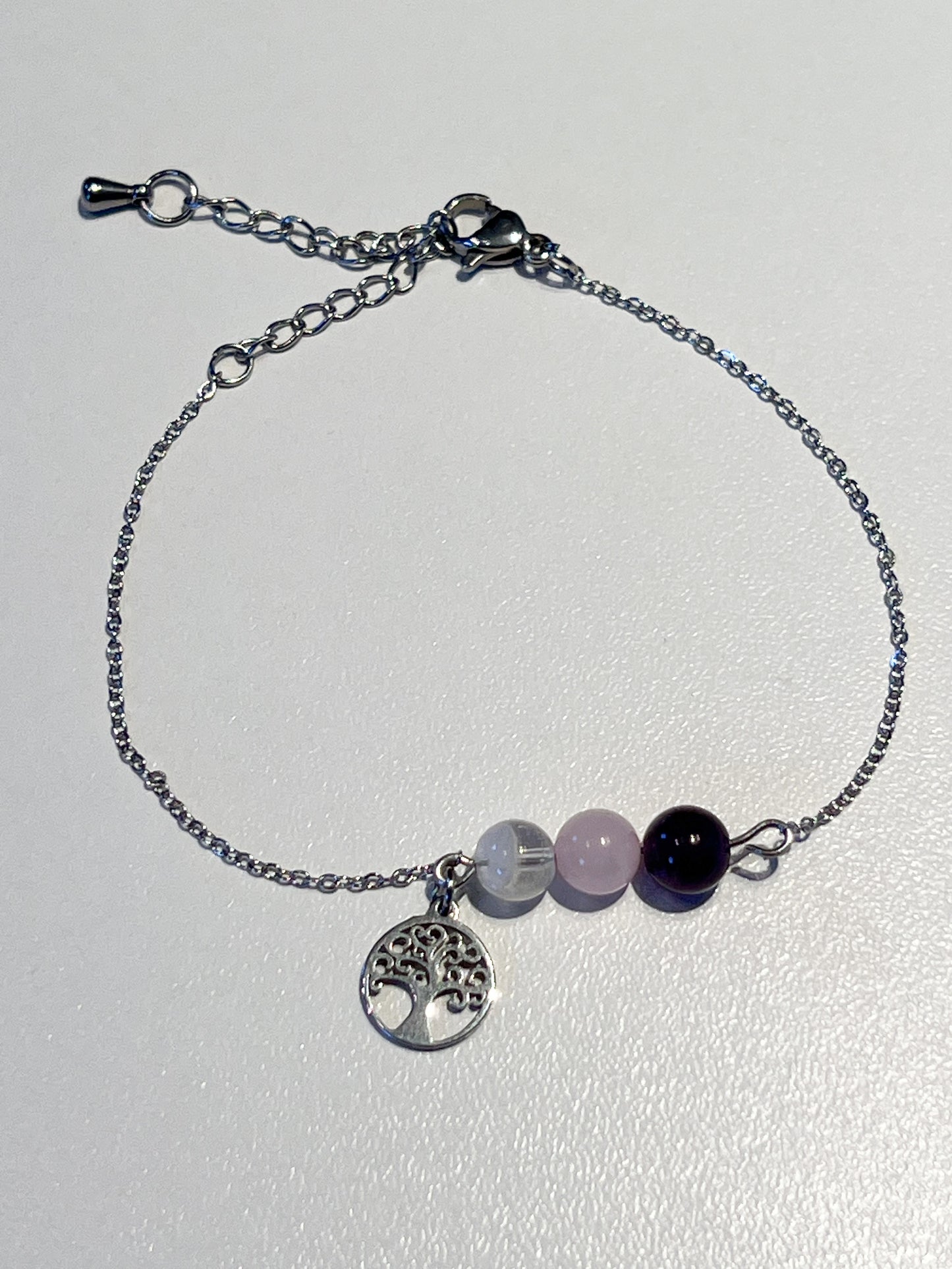 Bracelet bien-être en cristal de roche, quartz rose et améthyste avec breloque Arbre de vie en acier inoxydable