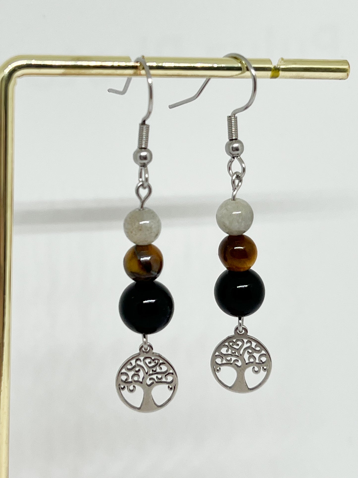 Boucles d’Oreilles Énergétiques en Obsidienne Noire, Œil de Tigre & Labradorite – Acier Argenté et Arbre de Vie