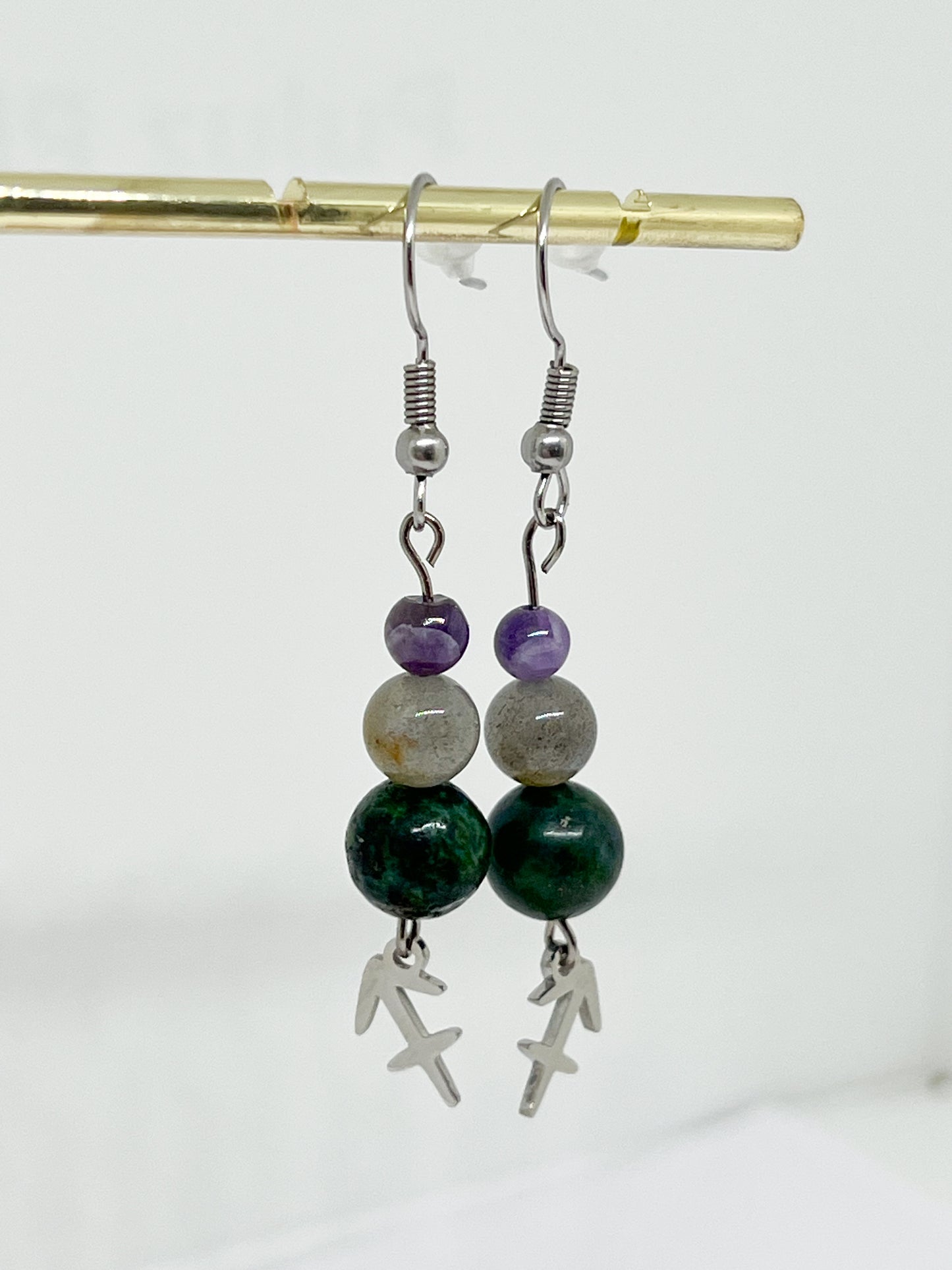 Boucles d’Oreilles Sagittaire en Acier Inoxydable Argenté et Pierres Naturelles