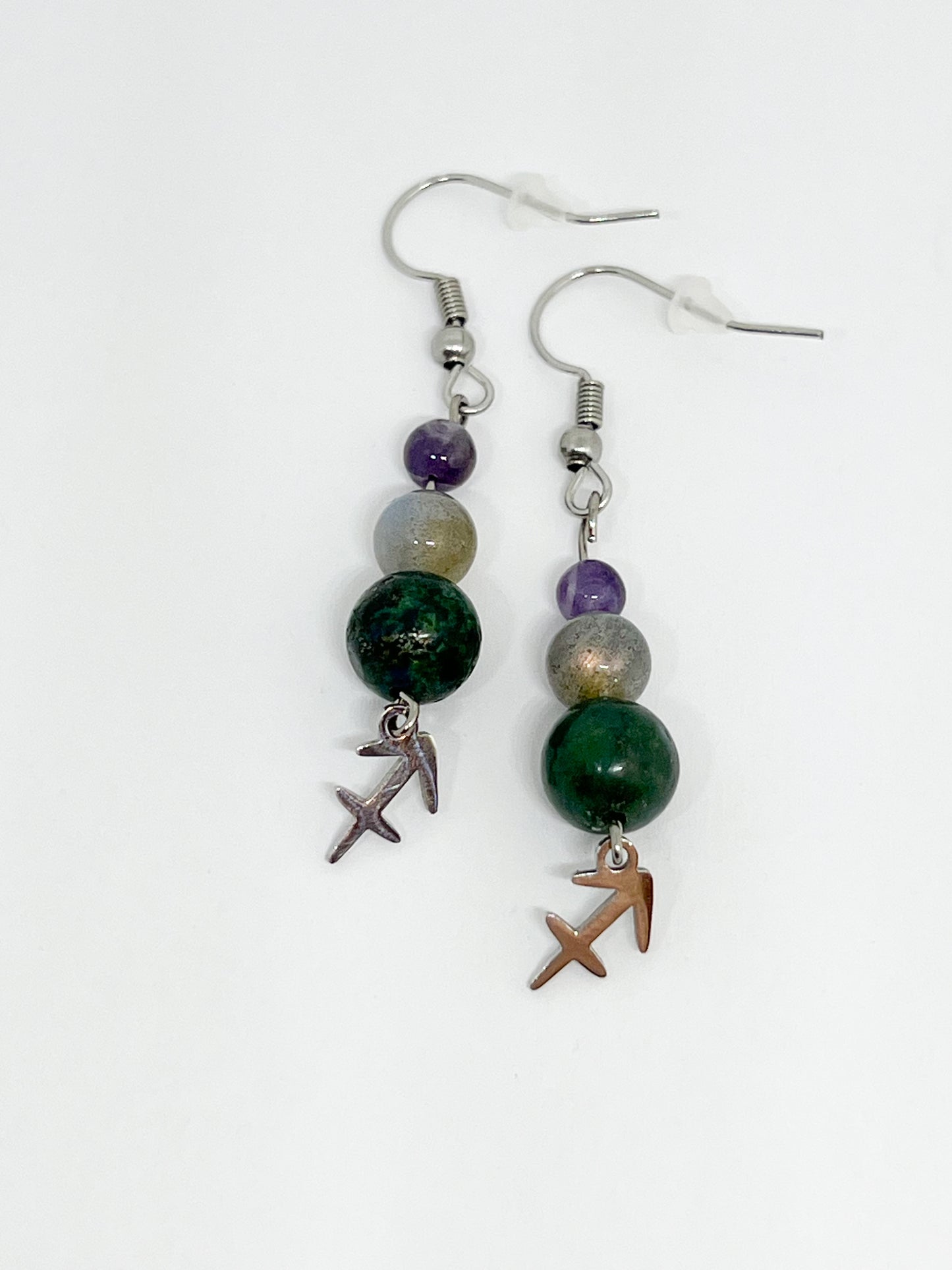 Boucles d’Oreilles Sagittaire en Acier Inoxydable Argenté et Pierres Naturelles
