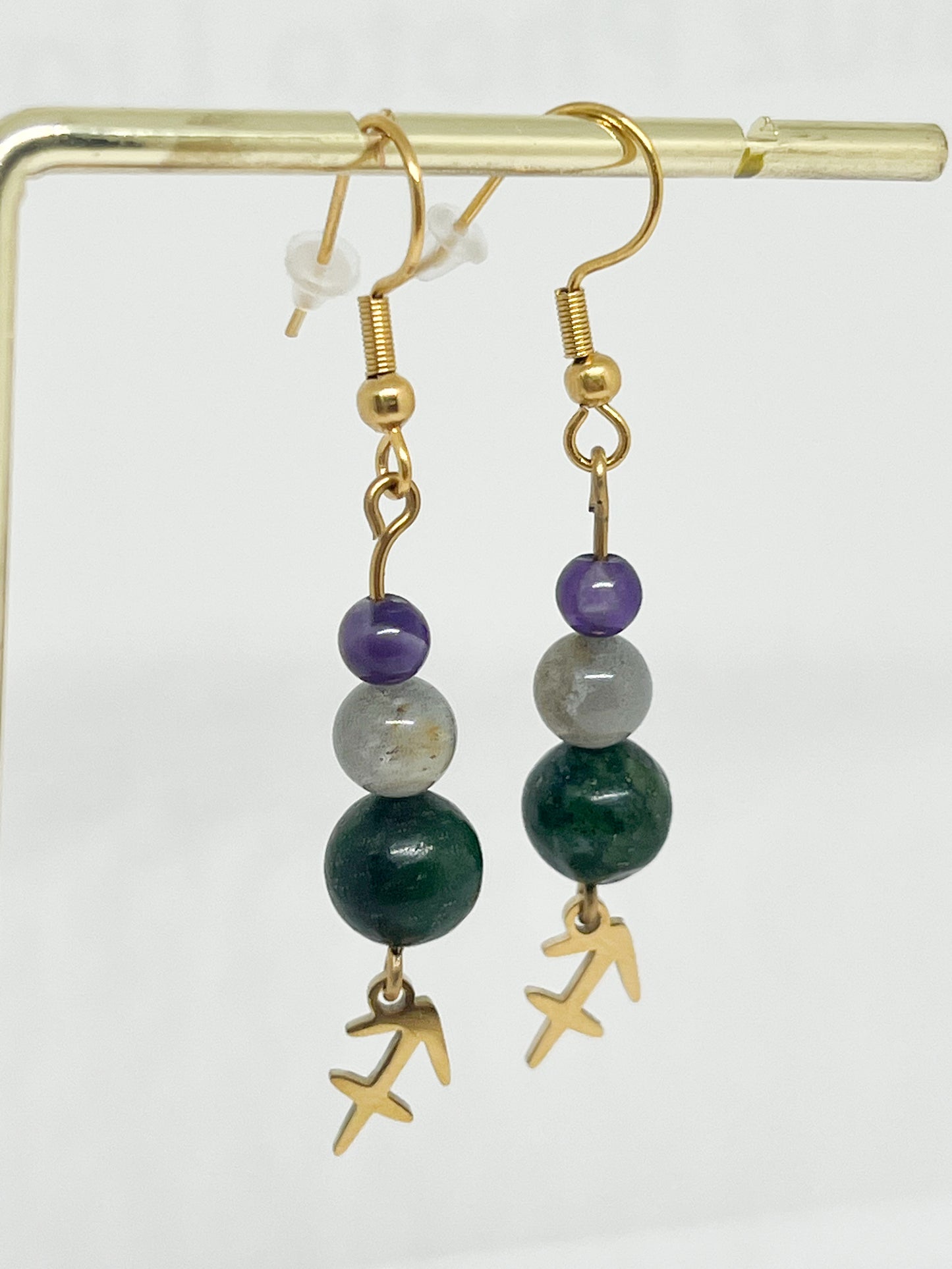 Boucles d’Oreilles Zodiaque Sagittaire en Acier Doré avec Pierres Naturelles