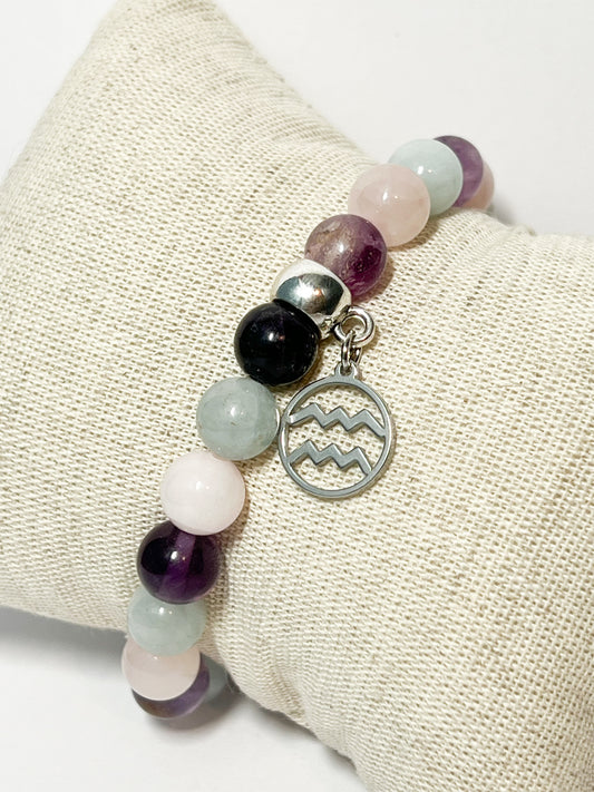 Bracelet Verseau en Aigue-Marine, Quartz Rose et Fluorite : Harmonie et Protection Astrologique
