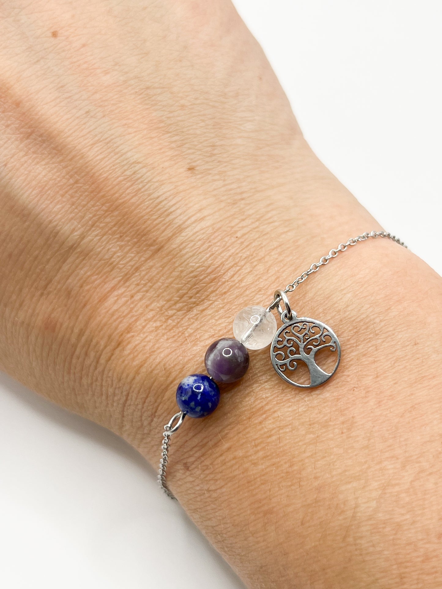 Bracelet Anti-Migraines en Acier Argenté avec Arbre de Vie et Pierres Énergétiques ✨🌳
