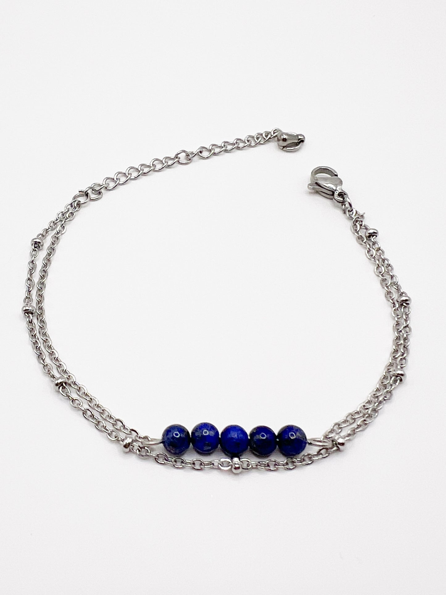 Bracelet Lapis Lazuli Double Rang en Acier Inoxydable Argenté – Élégance & Sérénité