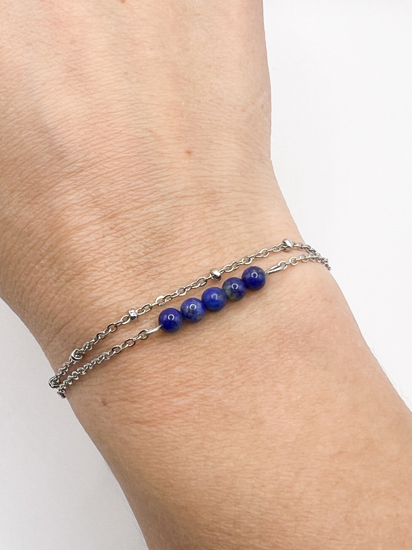 Bracelet Lapis Lazuli Double Rang en Acier Inoxydable Argenté – Élégance & Sérénité