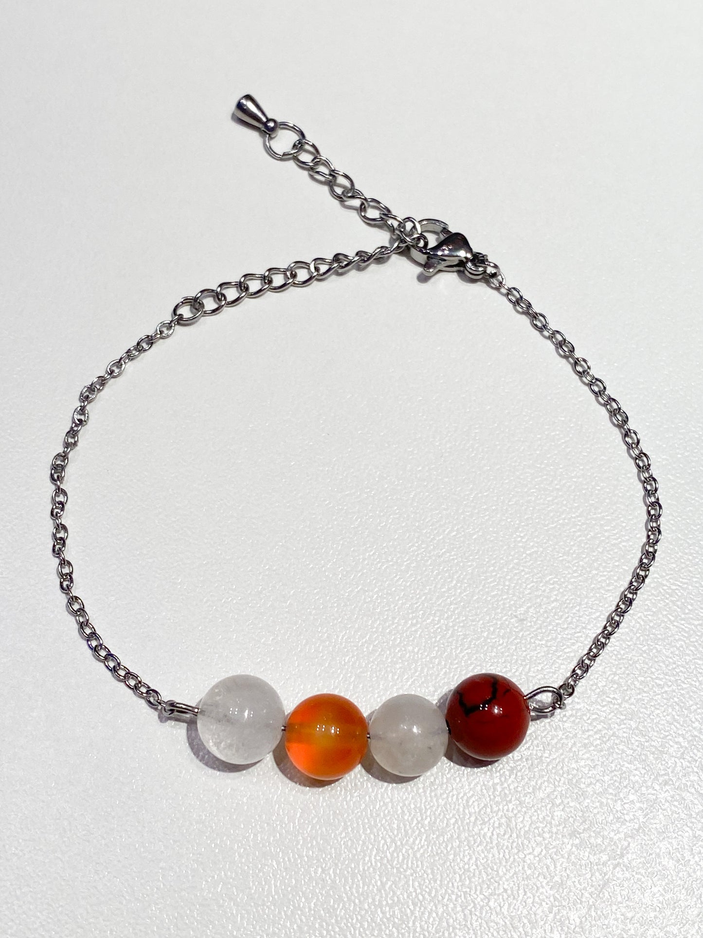 Bracelet Fertilité: Acier Inoxydable Argenté avec Pierres de Lune , Cornaline, Jaspe rouge et Cristal de roche