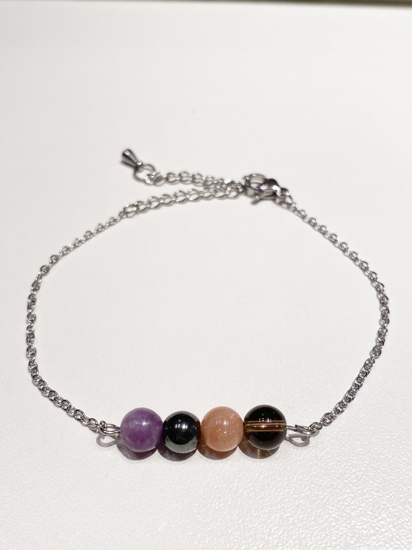 Bracelet Acier Inoxydable Argenté Anti-Dépression : Pierre de Soleil, Lépidolite , hématite et quartz fumé