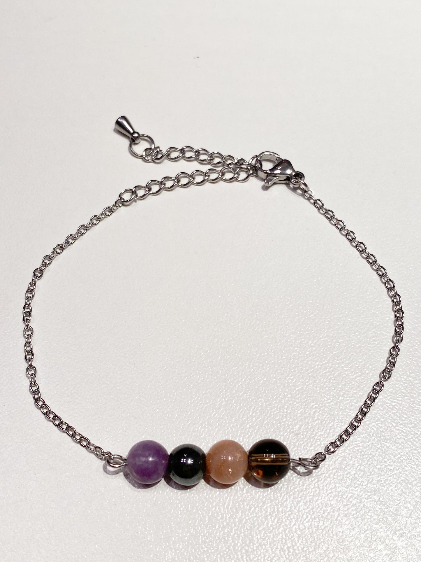 Bracelet Acier Inoxydable Argenté Anti-Dépression : Pierre de Soleil, Lépidolite , hématite et quartz fumé