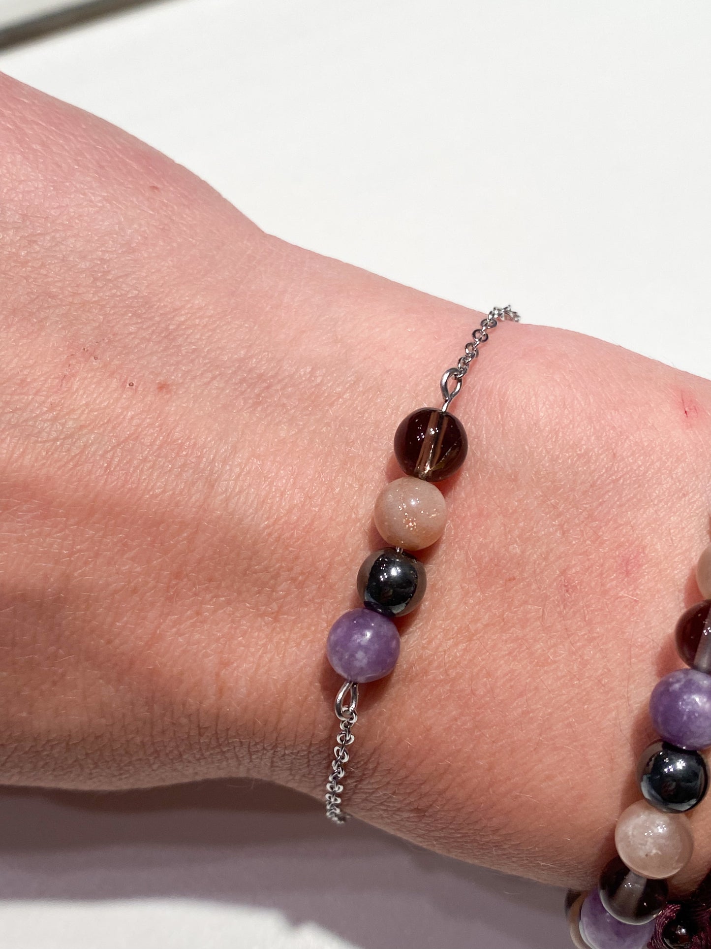 Bracelet Acier Inoxydable Argenté Anti-Dépression : Pierre de Soleil, Lépidolite , hématite et quartz fumé