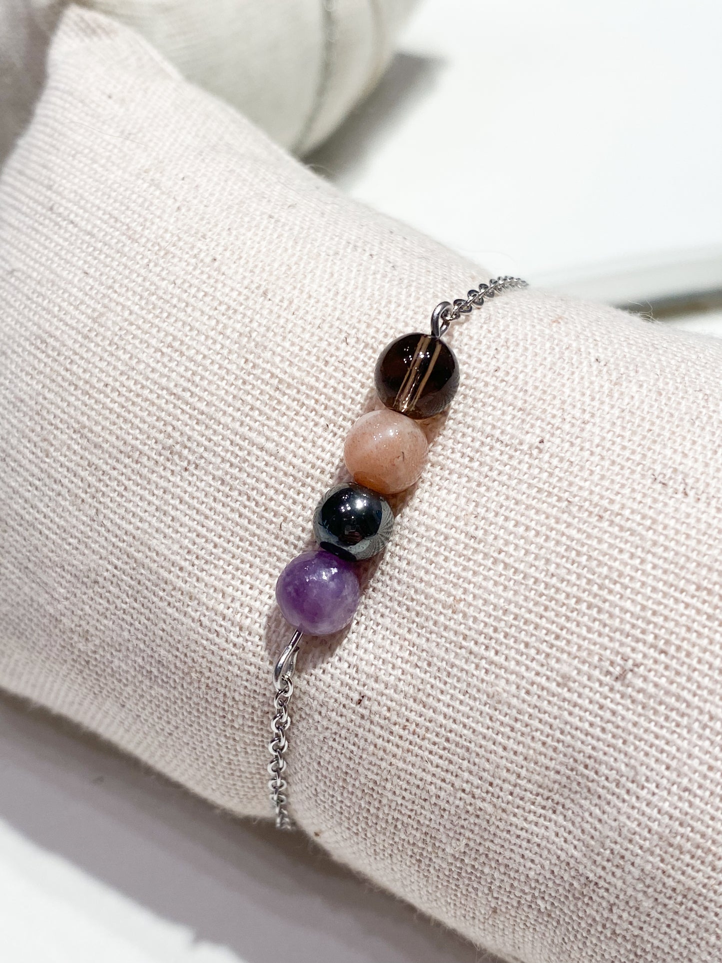 Bracelet Acier Inoxydable Argenté Anti-Dépression : Pierre de Soleil, Lépidolite , hématite et quartz fumé