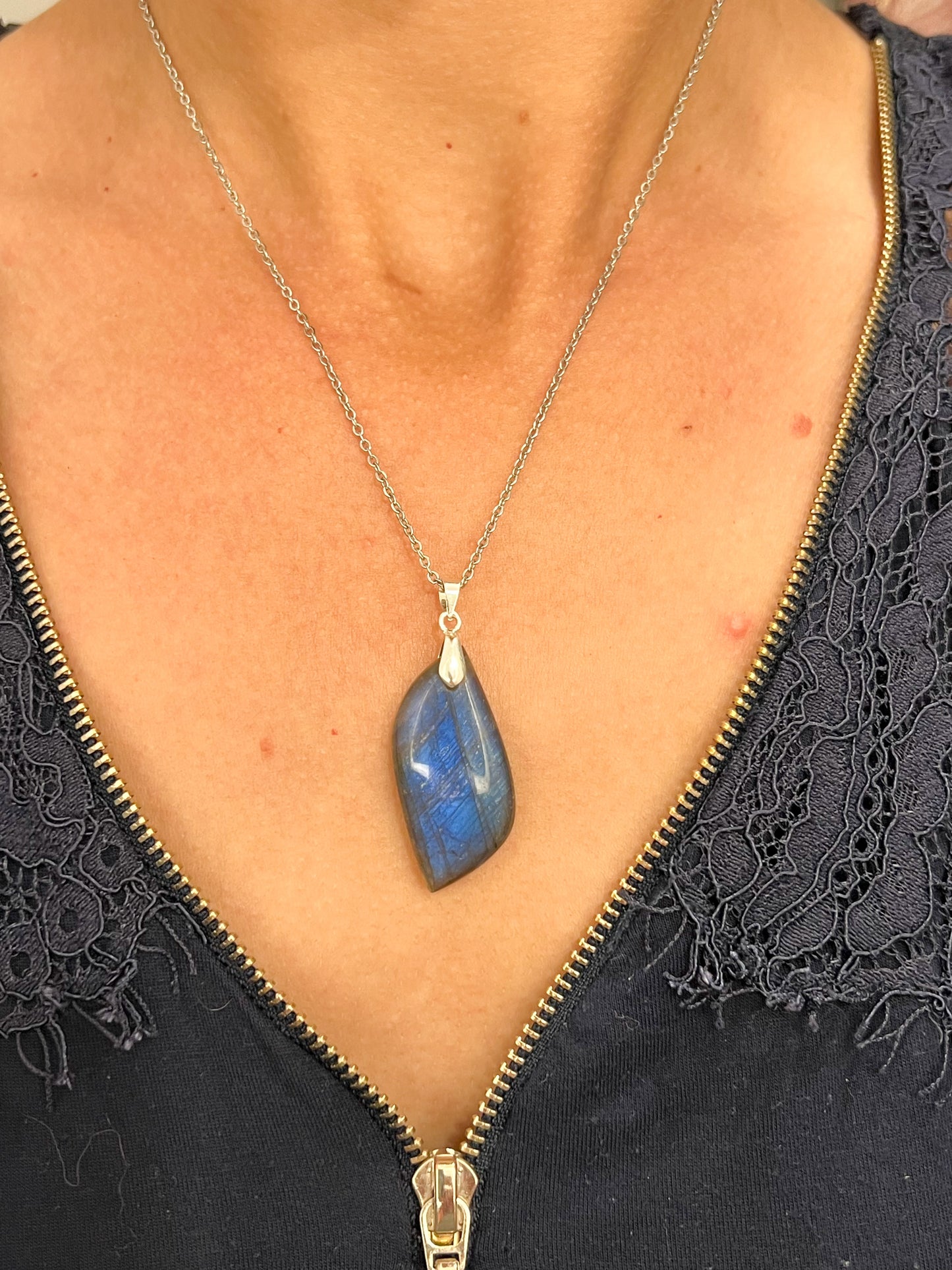 Collier en Labradorite Authentique – Acier Inoxydable Argenté – Fait Main en France