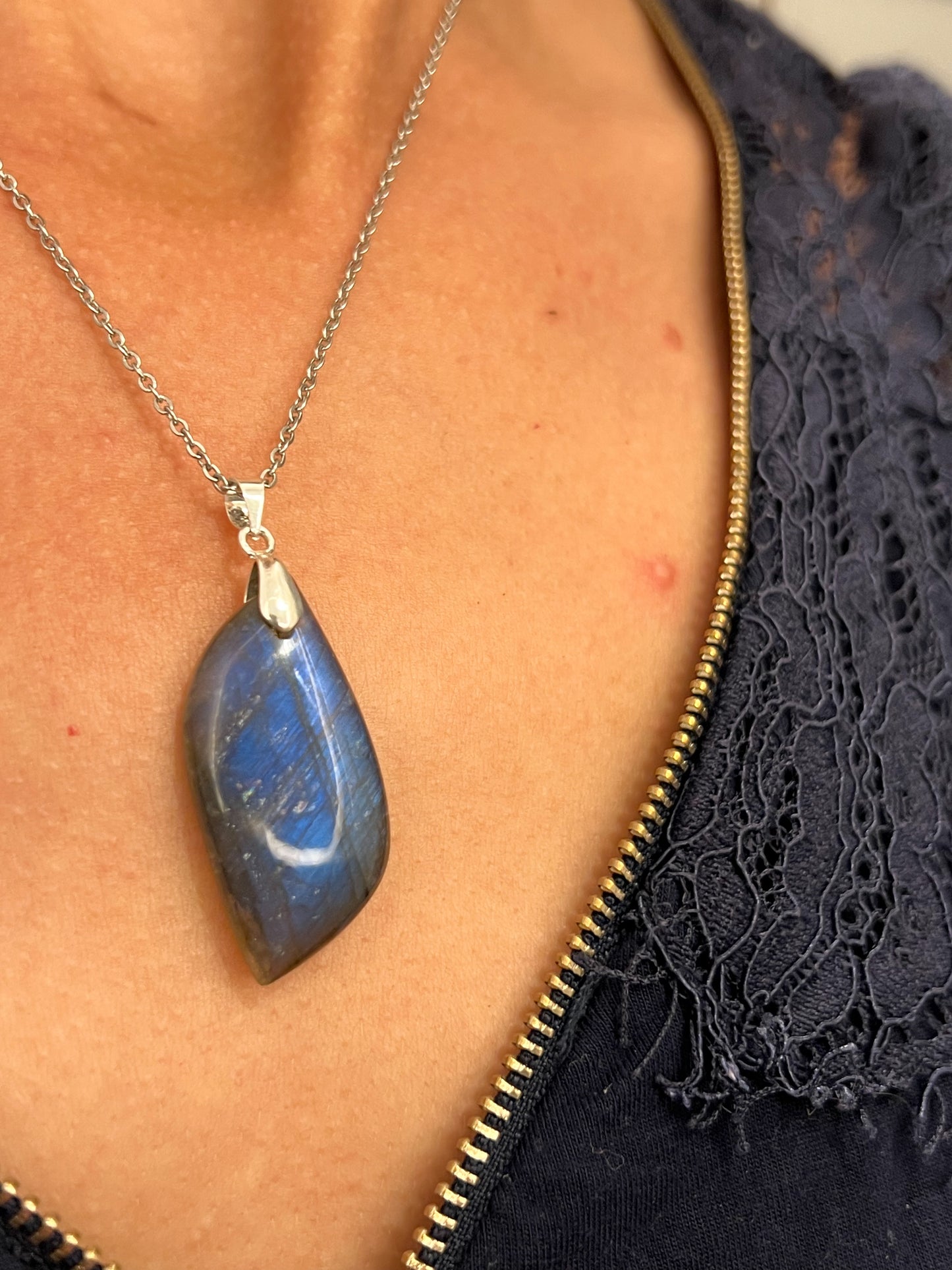 Collier en Labradorite Authentique – Acier Inoxydable Argenté – Fait Main en France