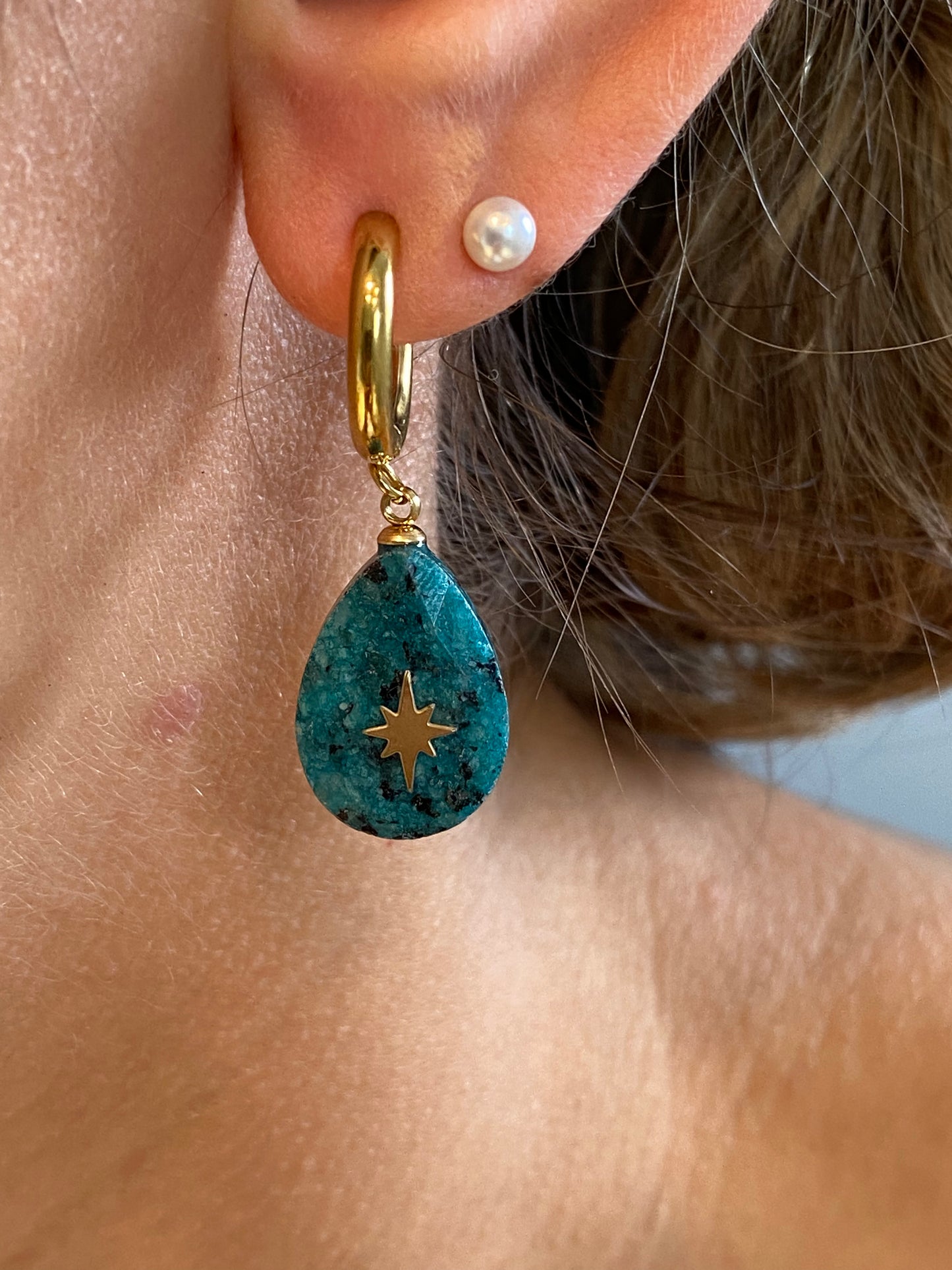 Boucles d’Oreilles Turquoise & Acier Doré – Élégance Bohème & Énergie Positive
