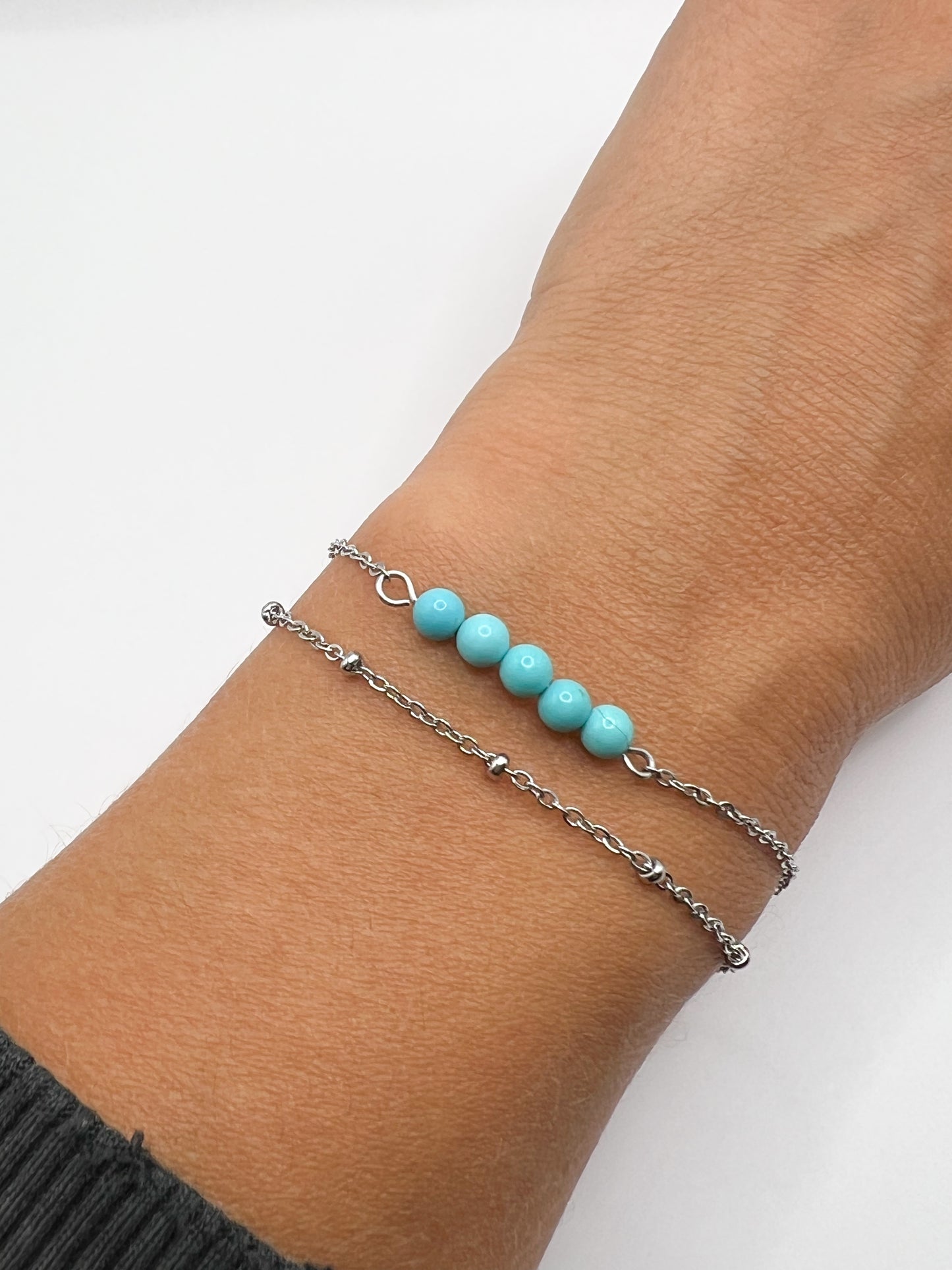 Bracelet Turquoise Double Tour – Bijou Bohème en Acier Argenté pour Femme
