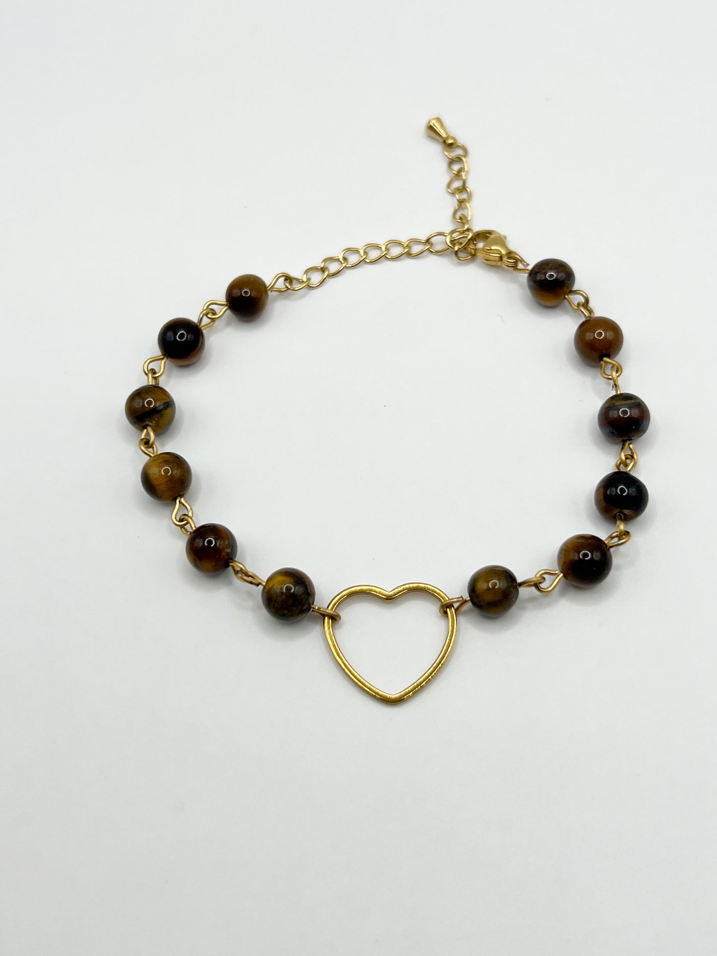 Bracelet Œil de Tigre Naturel – Bijou Lithothérapie Cœur & Acier Doré Hypoallergénique