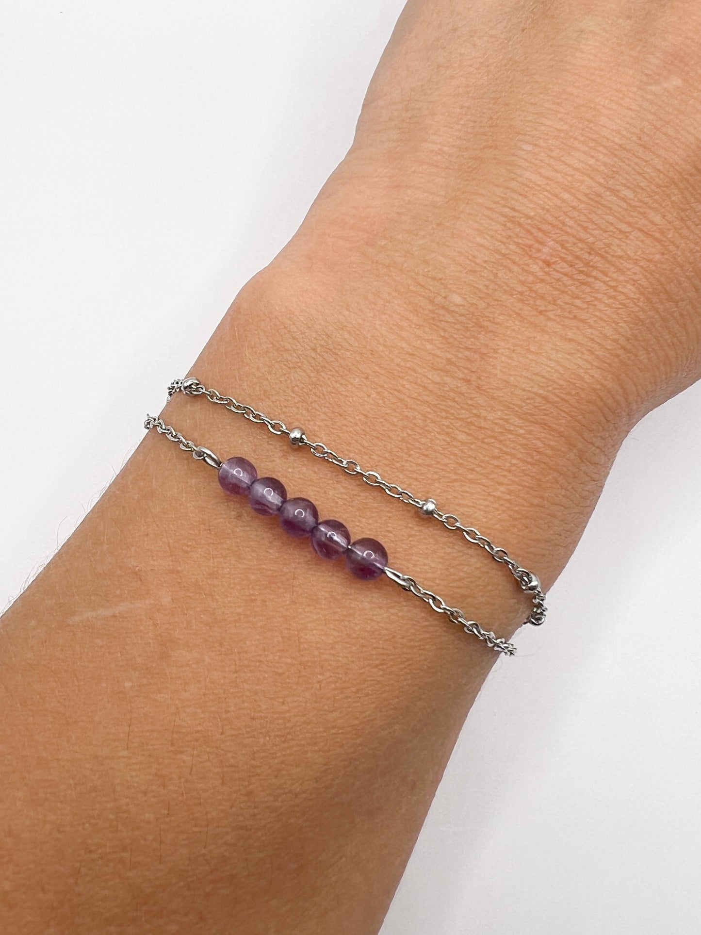 Bracelet Double Rang Améthyste & Acier Argenté – Sérénité, Protection & Harmonie Intérieure