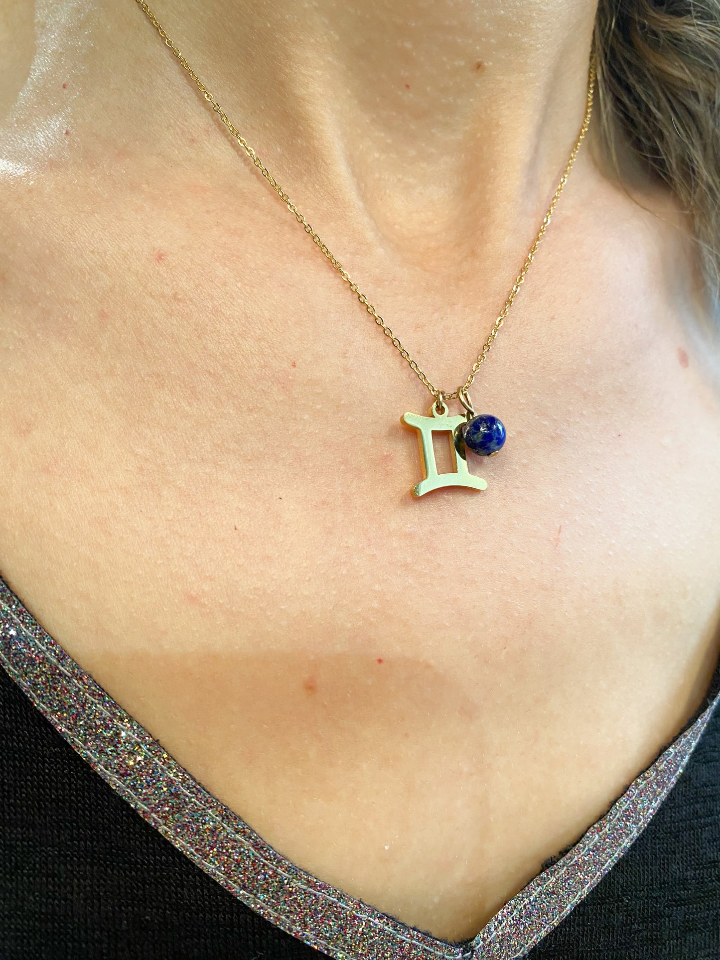 Collier gémeaux en acier inoxydable or avec pierre naturelle Lapis Lazuli