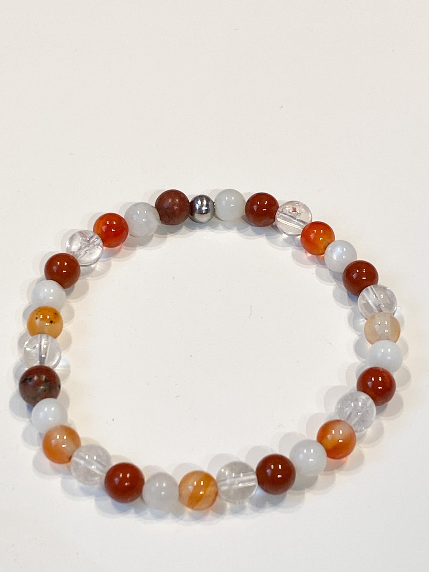 Bracelet fertilité en Cornaline , Pierre de lune, jaspe rouge et Cristal de roche 6mm