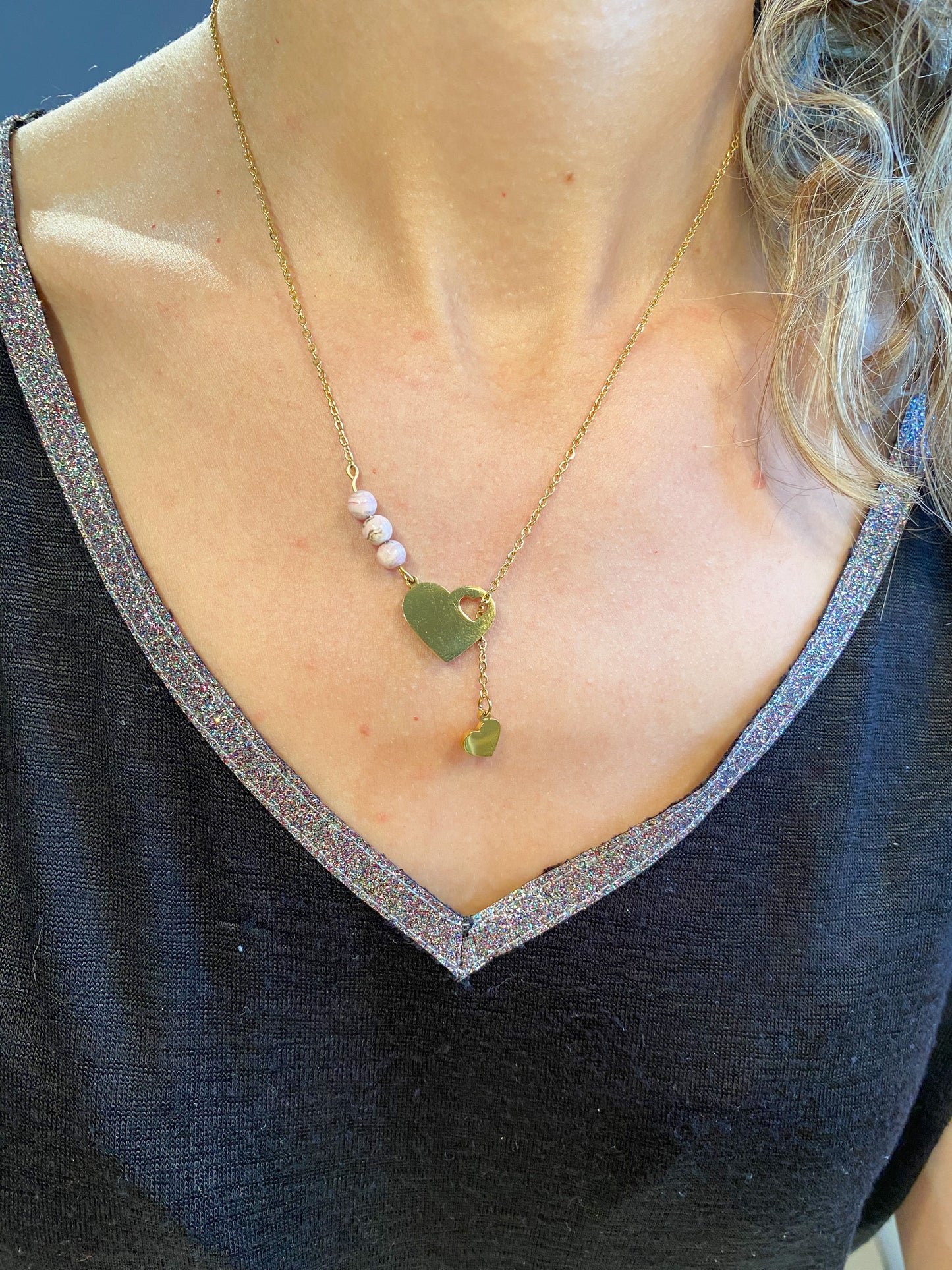 Collier coeur en acier inoxydable avec rhodochrosite