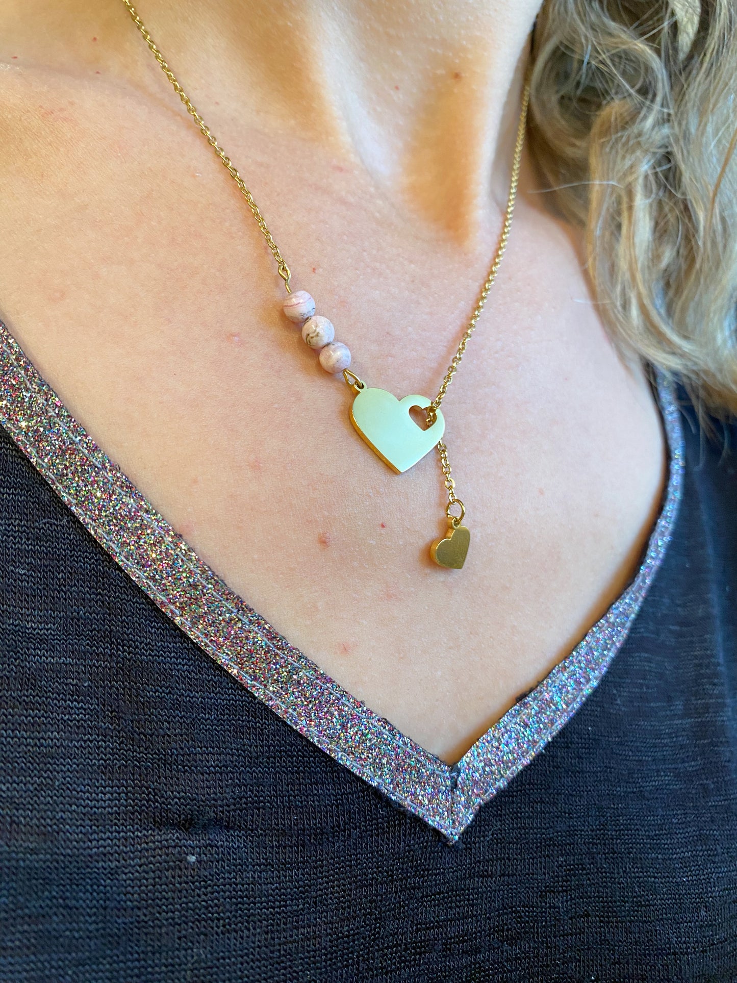 Collier coeur en acier inoxydable avec rhodochrosite