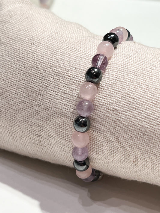💫 Bracelet Apaisant en Quartz Rose, Améthyste & Hématite – Équilibre & Sérénité
