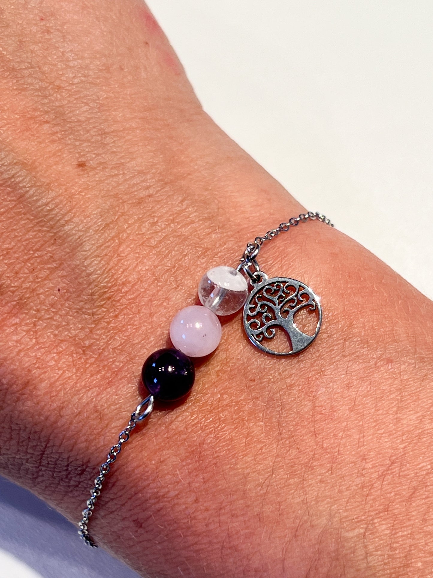 Bracelet bien-être en cristal de roche, quartz rose et améthyste avec breloque Arbre de vie en acier inoxydable