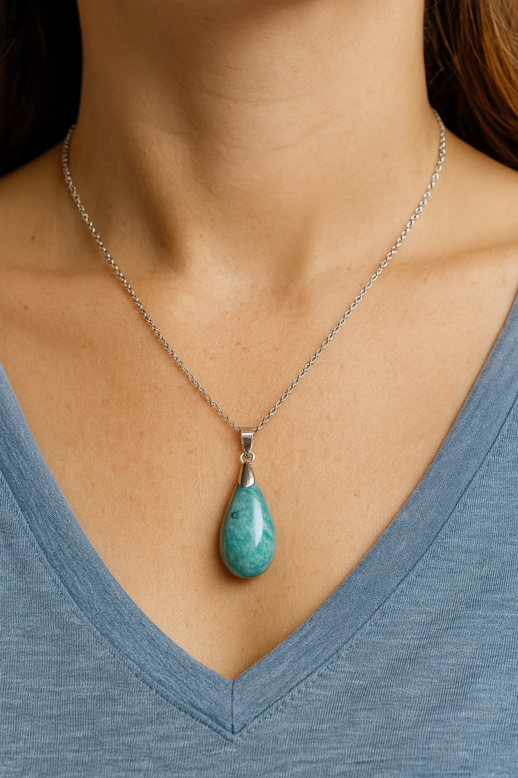 Collier Amazonite Naturelle – Apaisement & Élégance en Acier Argenté