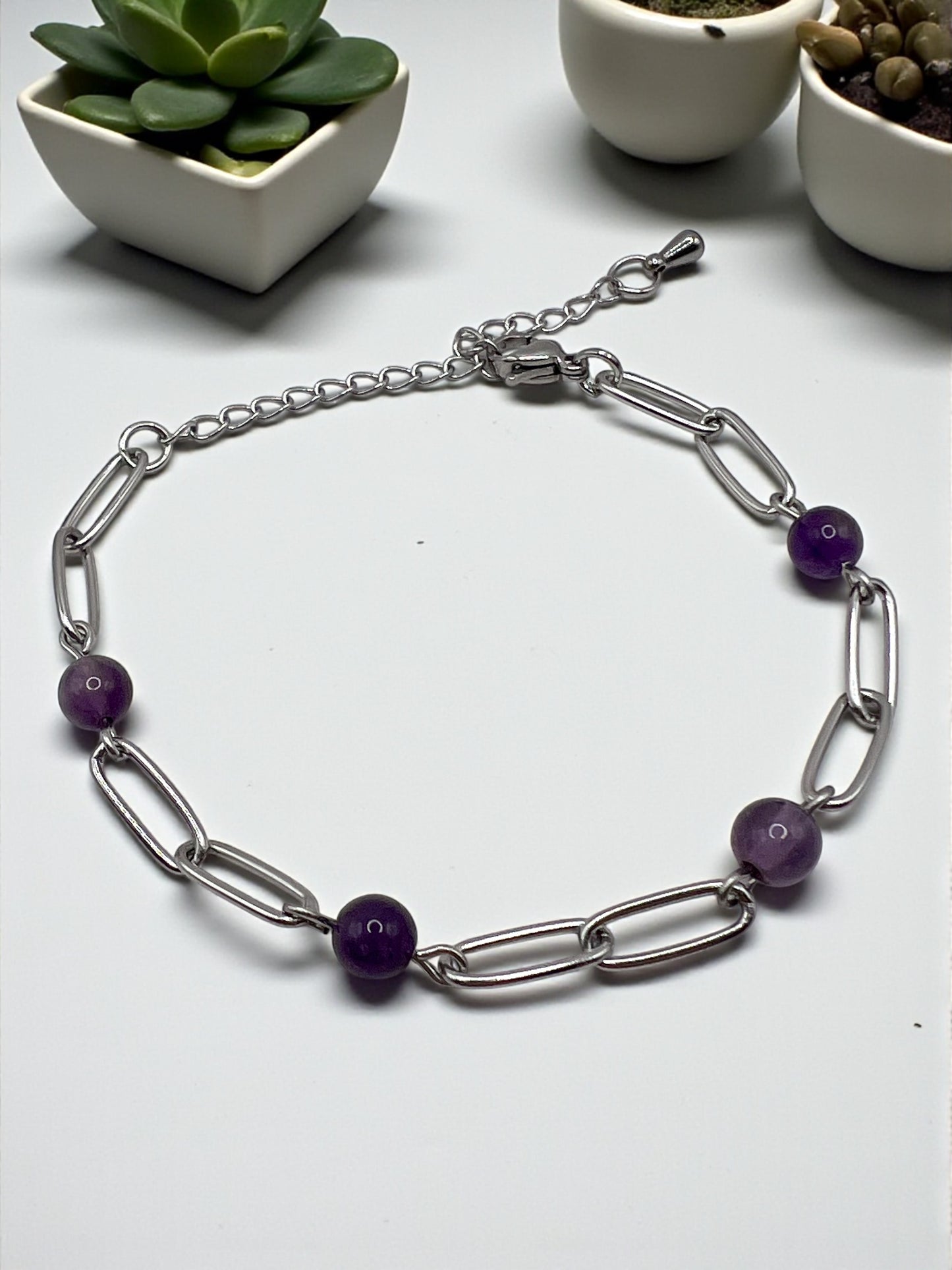 Bracelet en Améthyste et Acier Inoxydable Argenté - Équilibre Énergétique au Poignet