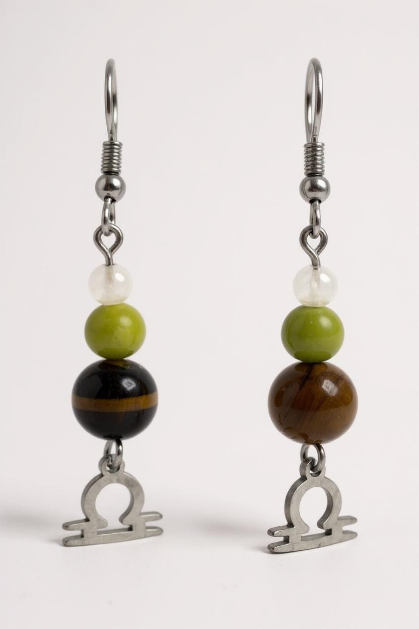 Boucles d’Oreilles Balance en Pierres Naturelles – Bijou Astrologique en Acier Argenté
