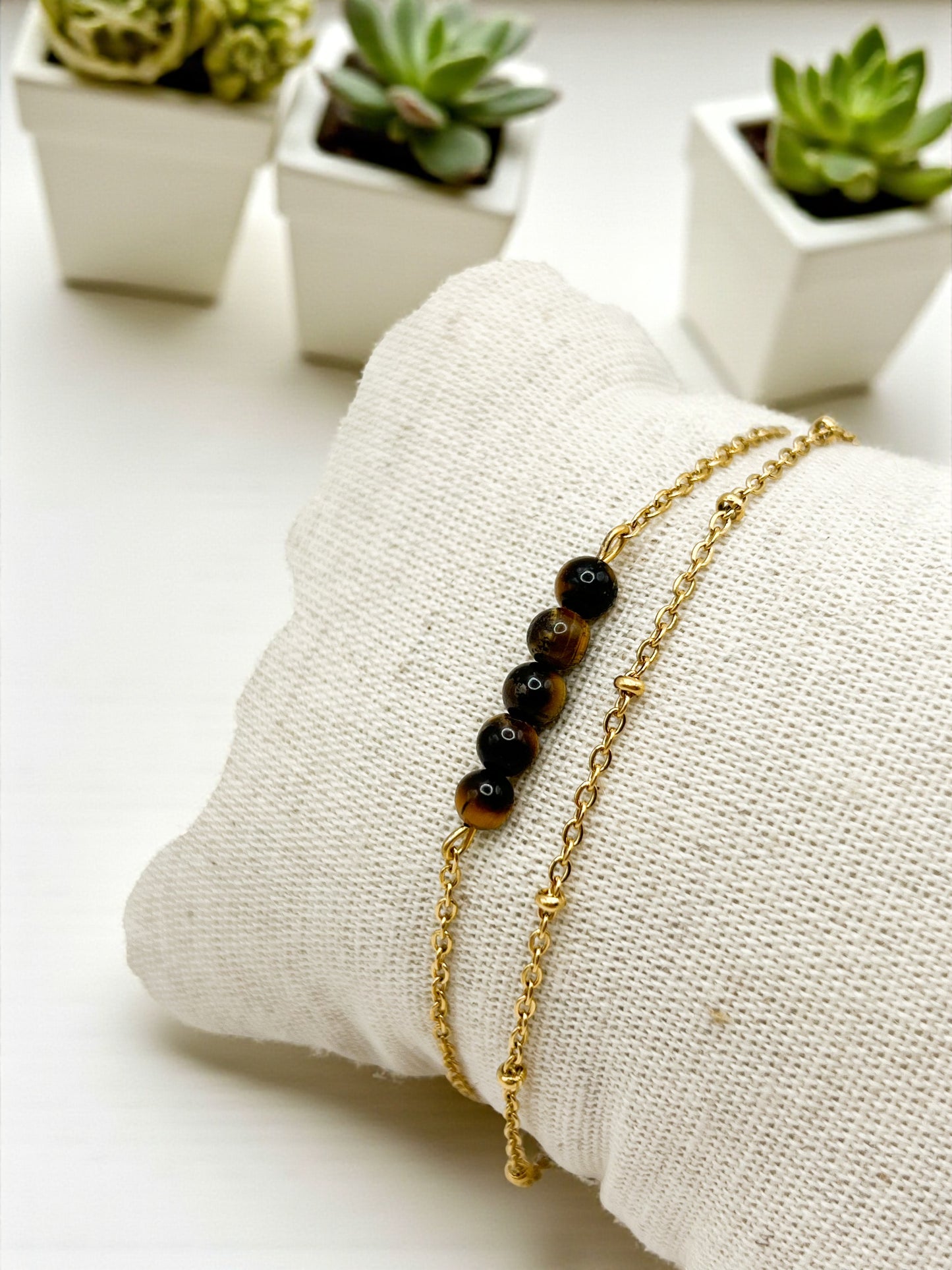 Bracelet Double Rang Œil de Tigre & Acier Doré – Protection, Confiance & Force Intérieure | Bijou Énergétique Naturel