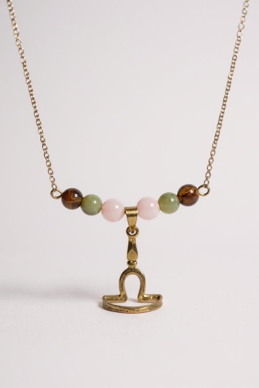 Collier Astro Balance en Quartz Rose, Jade, Œil de Tigre et Acier Inoxydable Doré – Harmonie et Raffinement