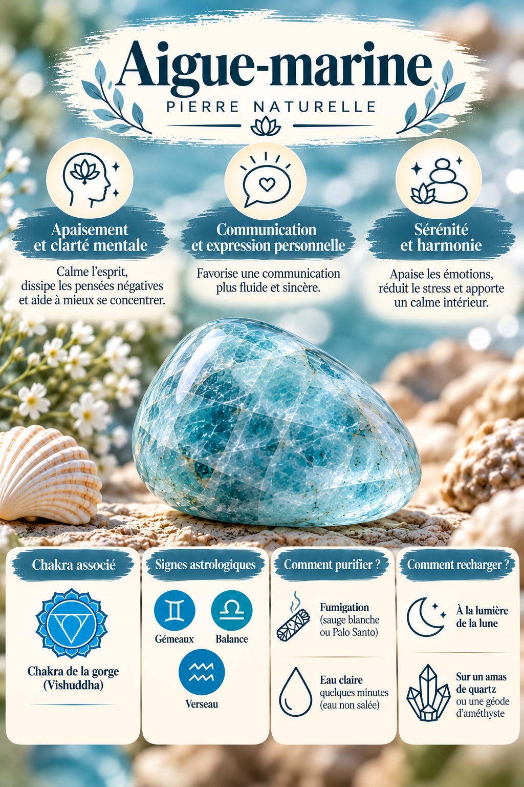 Guide de l’aigue-marine naturelle : symbolique en lithothérapie, chakra de la gorge, signes astrologiques, purification et rechargement.