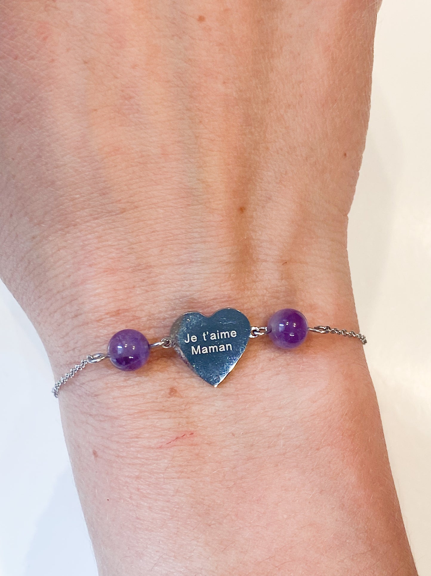 Bracelet en Améthyste " Je t'aime maman " en acier inoxydable