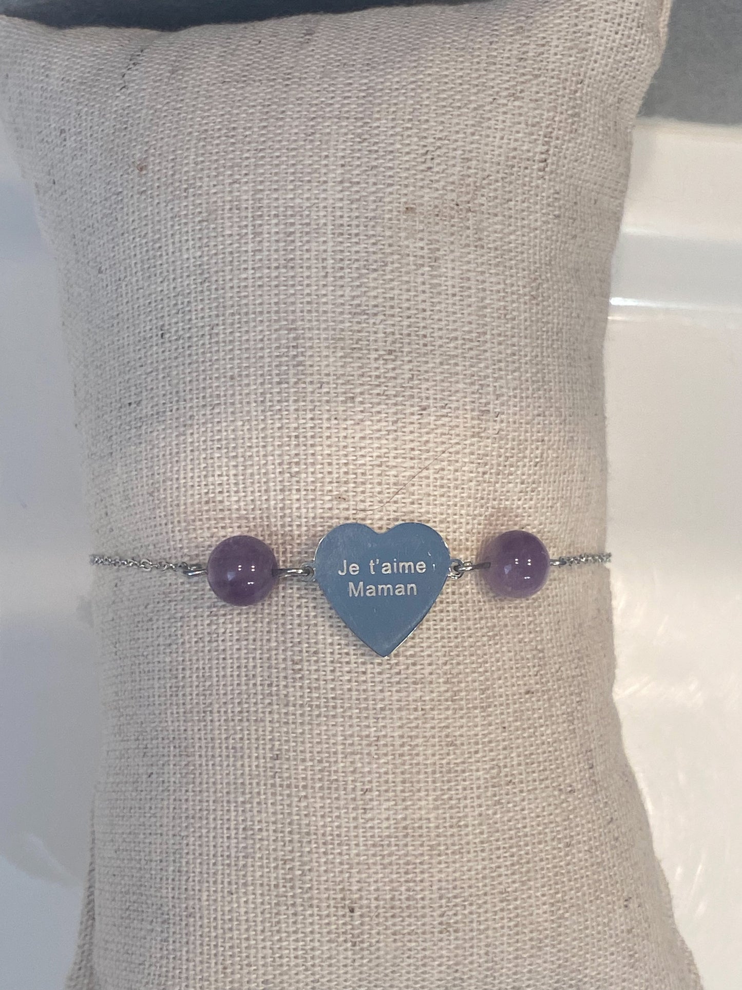 Bracelet en Améthyste " Je t'aime maman " en acier inoxydable
