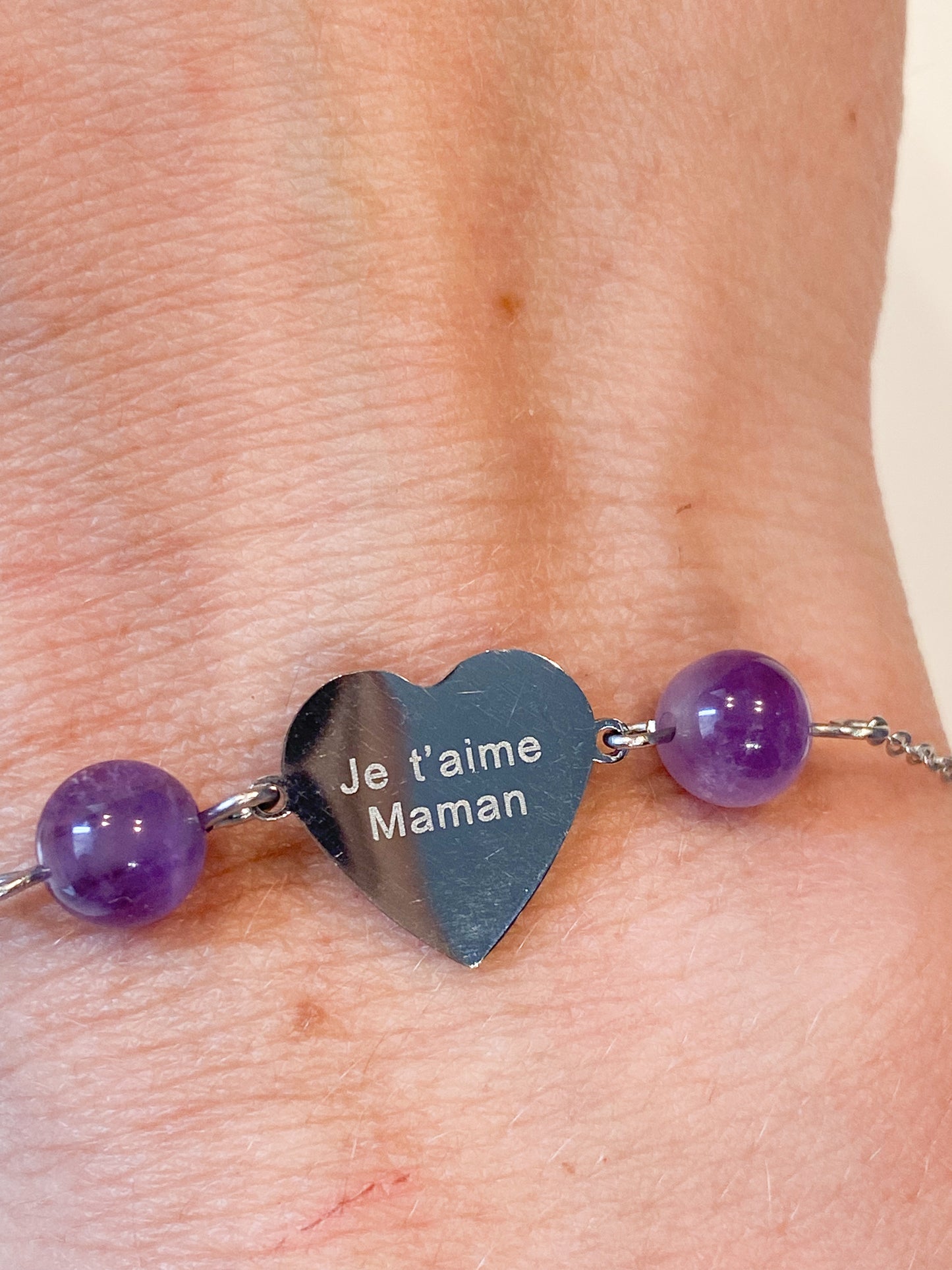Bracelet en Améthyste " Je t'aime maman " en acier inoxydable